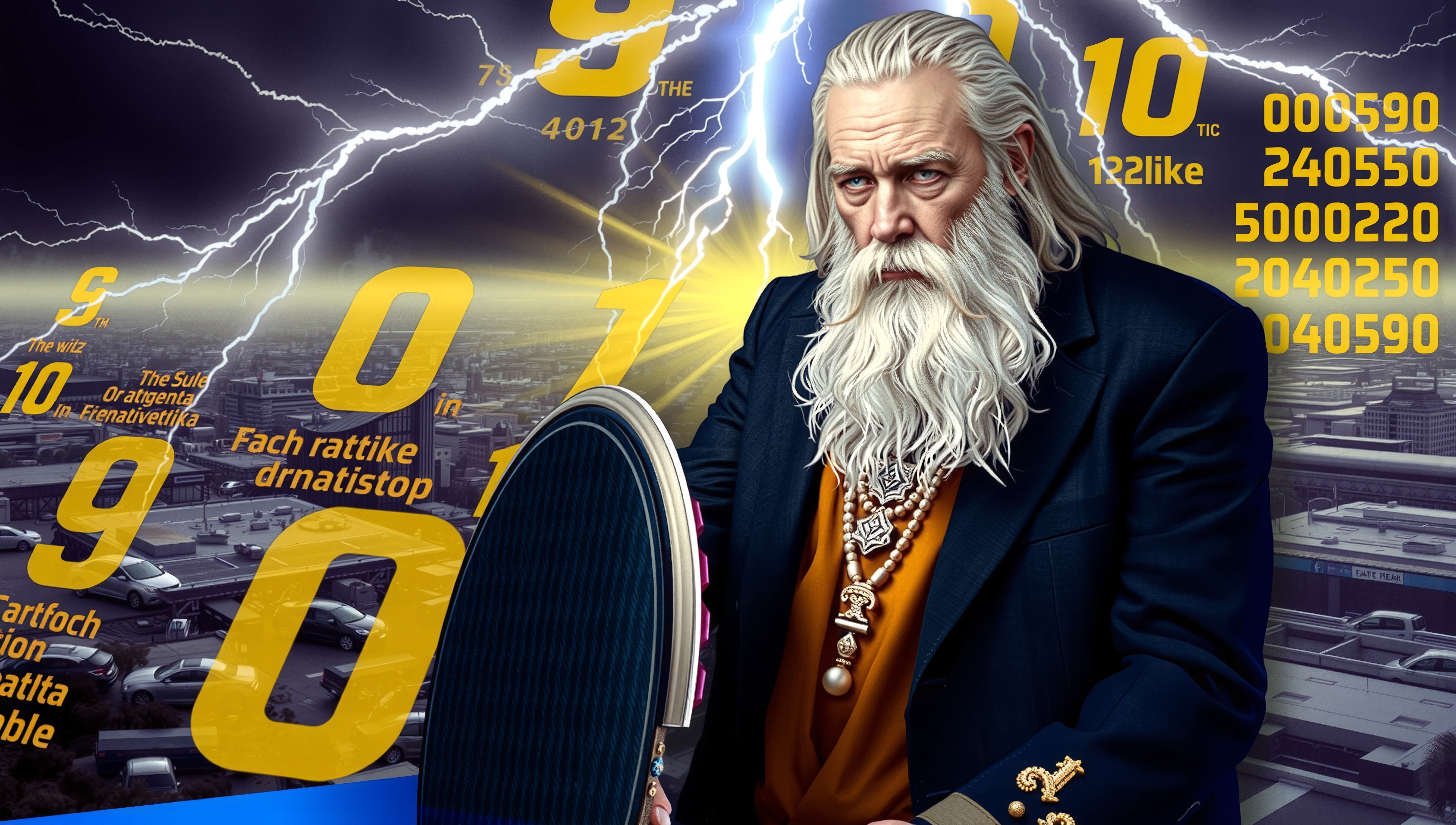 Elderly prophet holding digital shield amid stormy cityscape with glowing numbers
