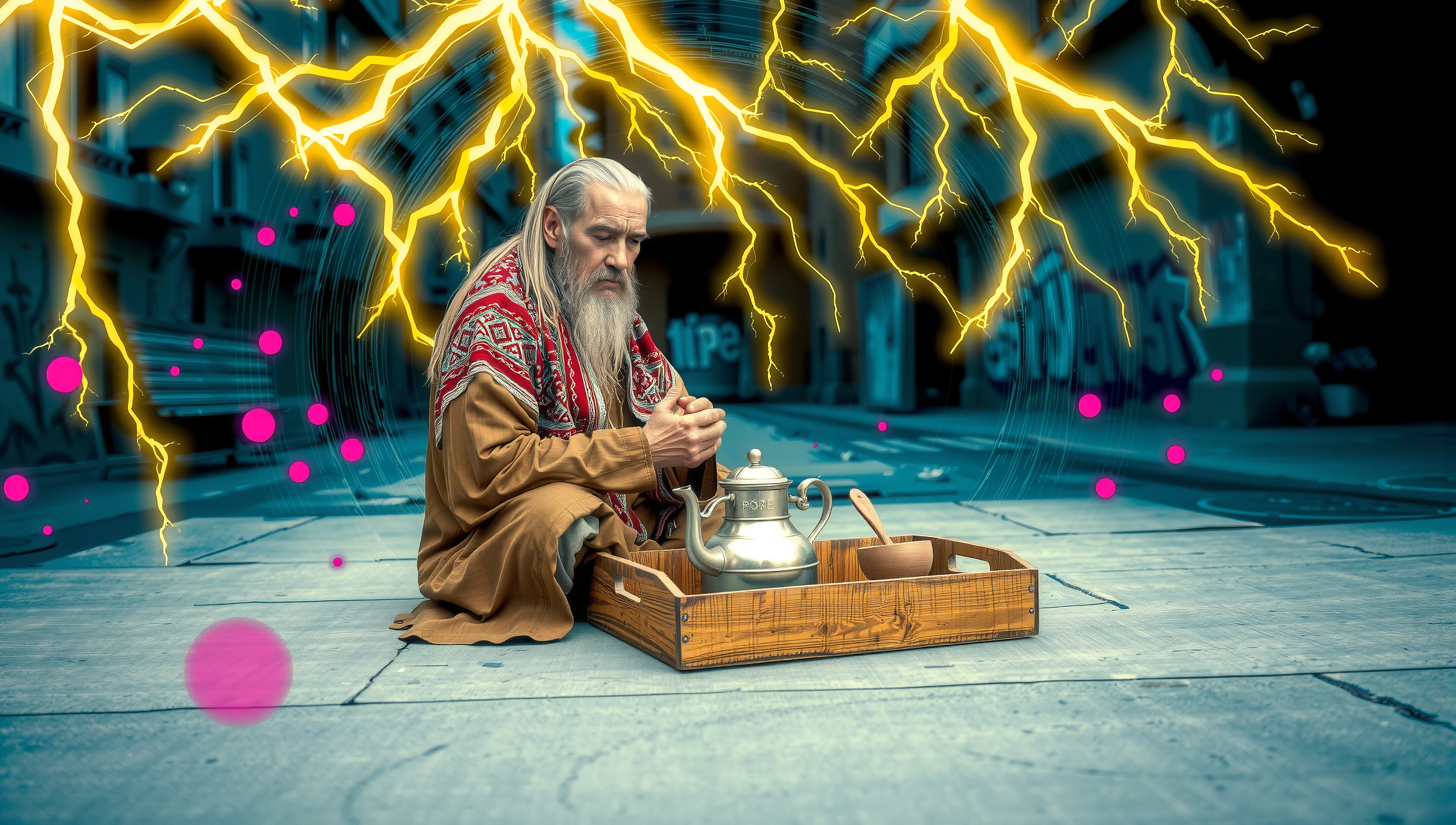Elderly man with silver teapot amidst urban lightning and mystical orbs.
