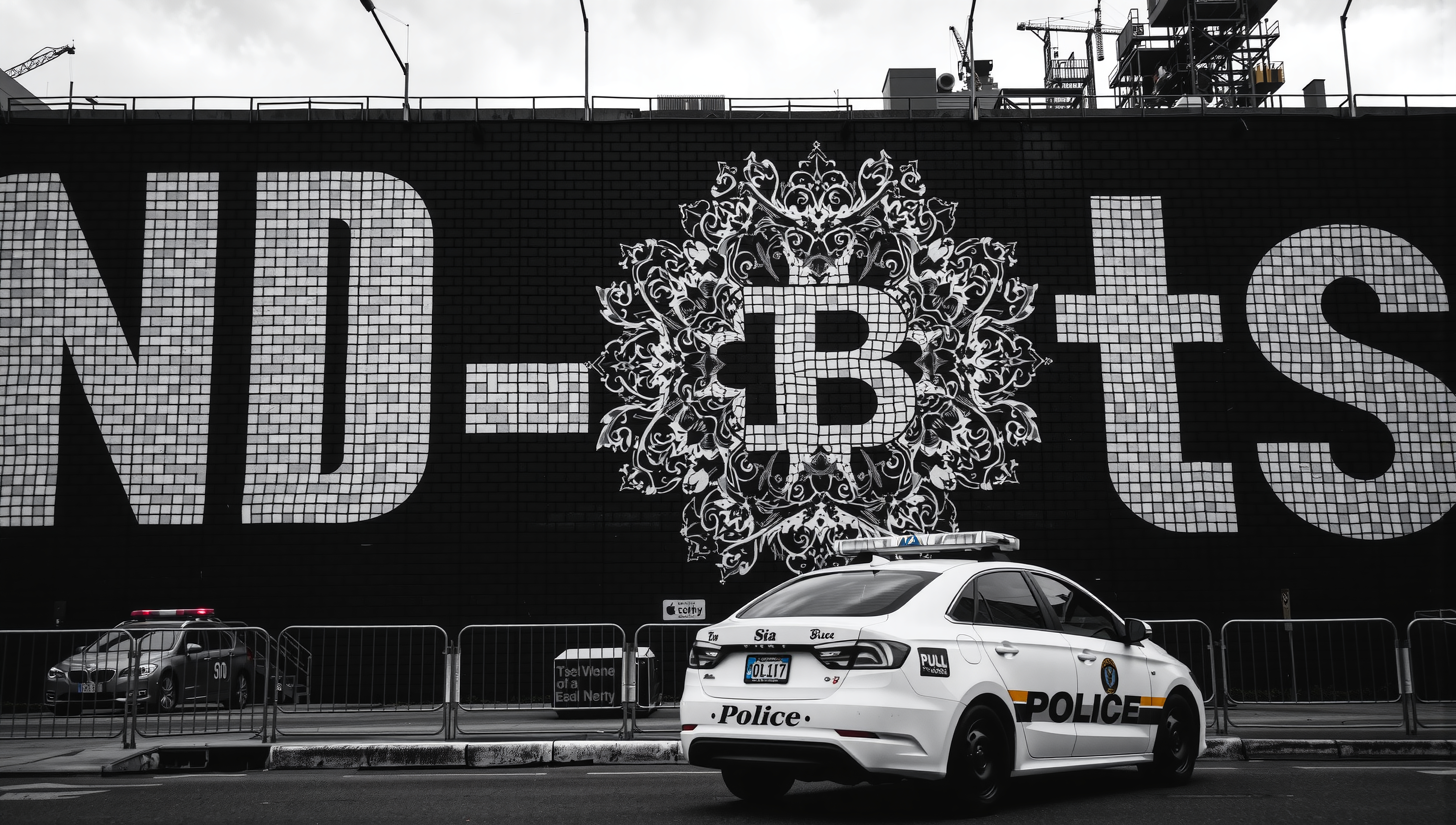 A police car in front of a mural-covered brick wall in an urban setting.