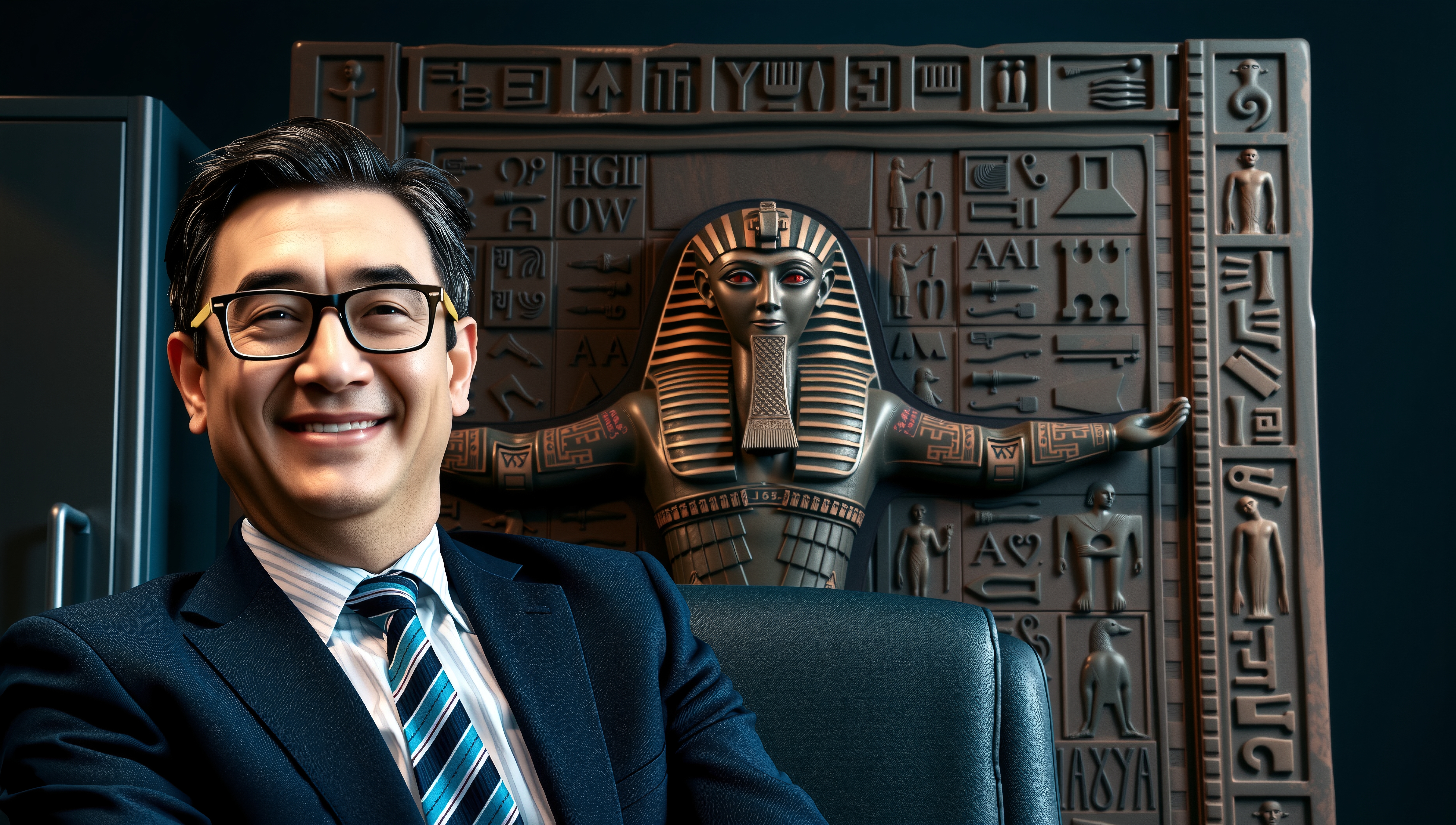 A man in a suit smiles in an office with ancient Egyptian artwork.
