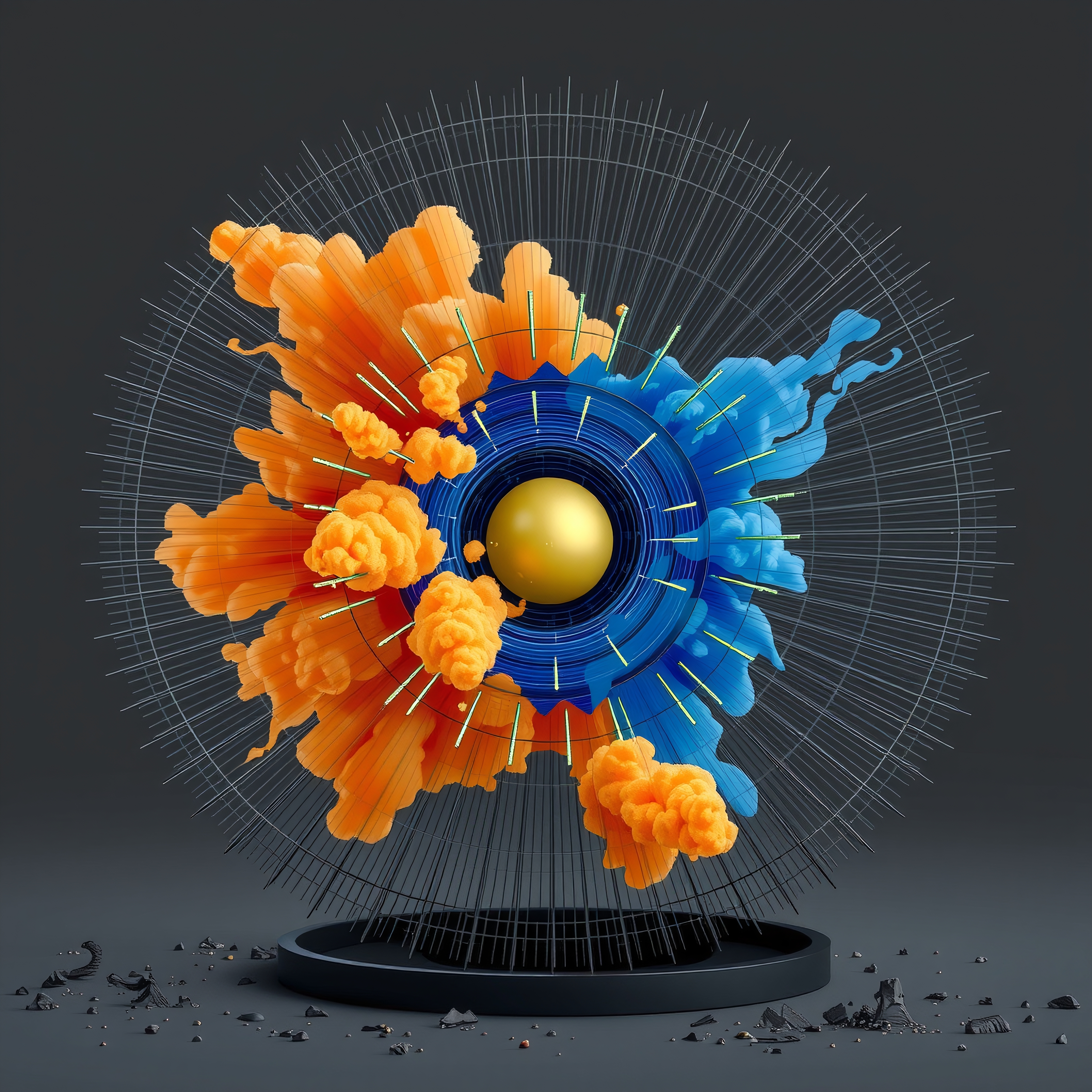 Vibrant abstract sphere with swirling clouds and lines.
