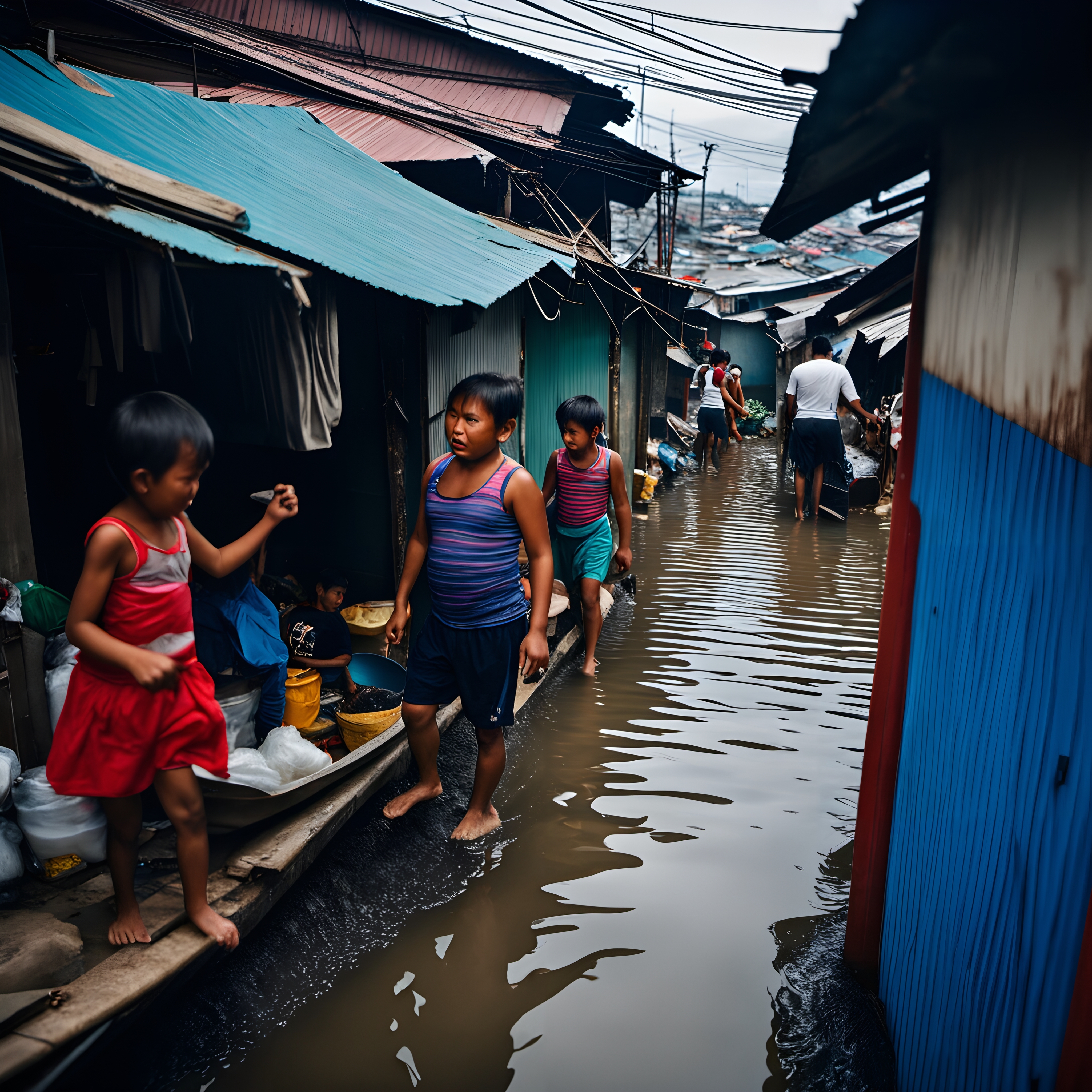 Children navigating a flooded urban neighborhood.