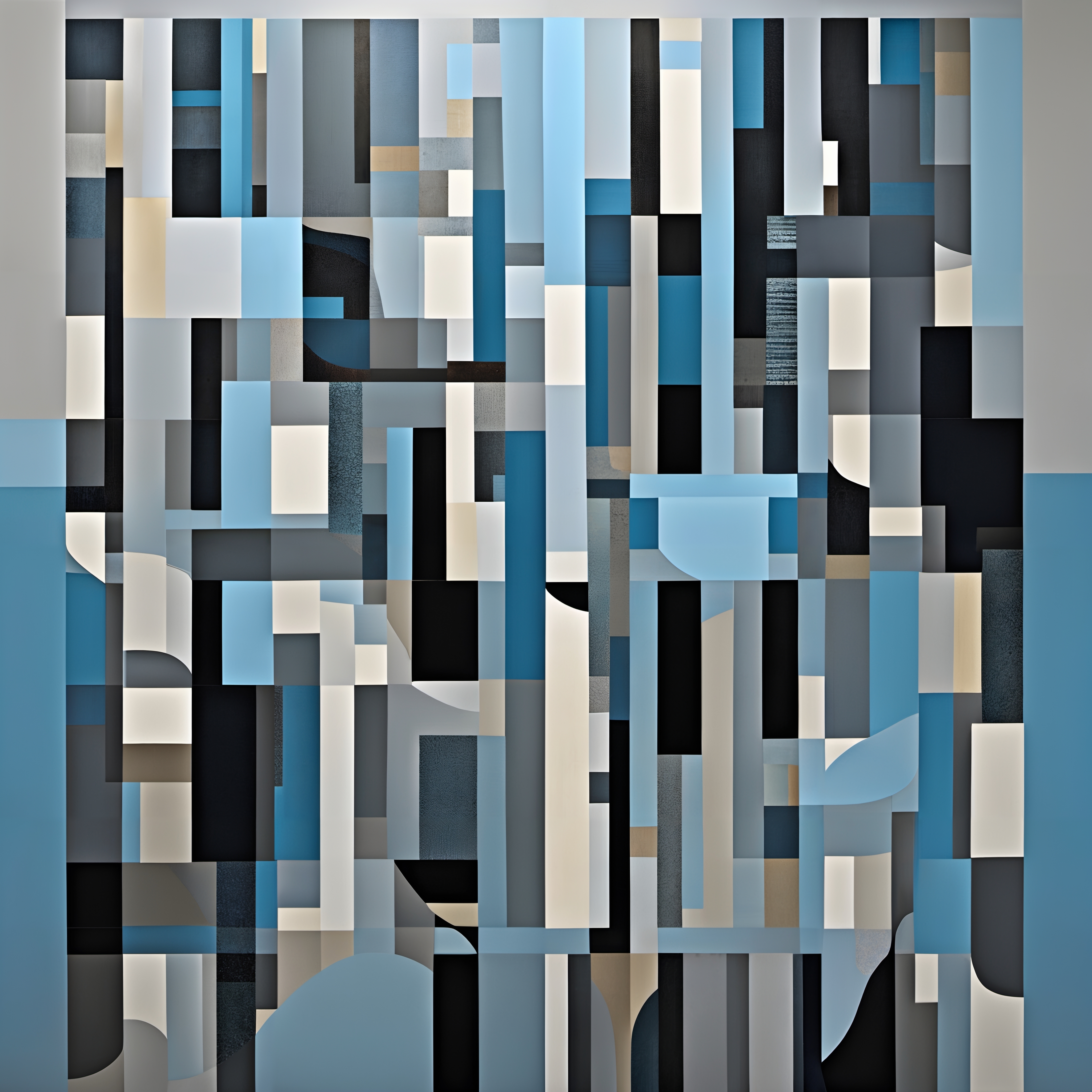 A dynamic abstract geometric artwork with interlocking blue, gray, and white shapes.