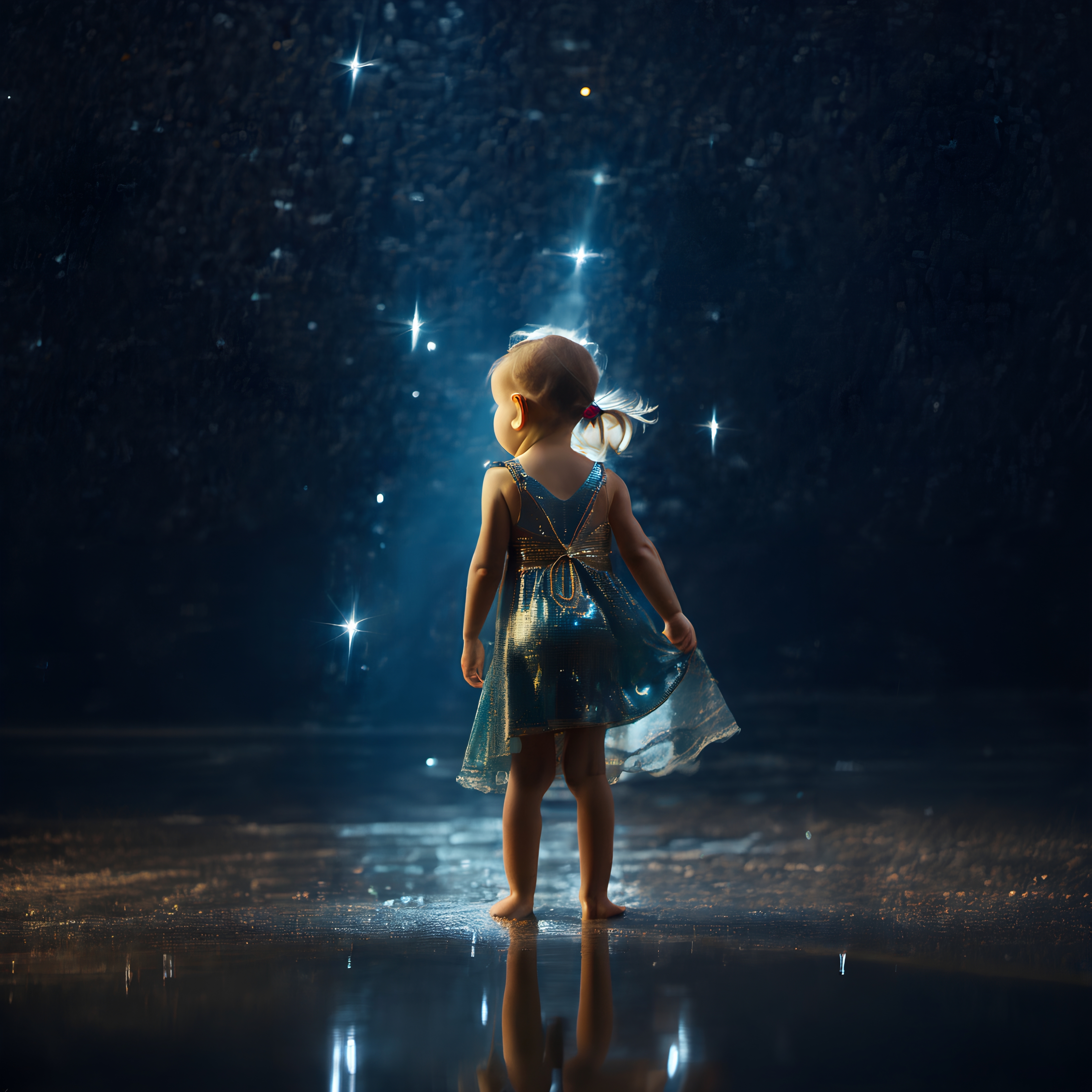 A child in a sparkly dress gazes at glowing lights resembling stars in a dark, reflective setting.