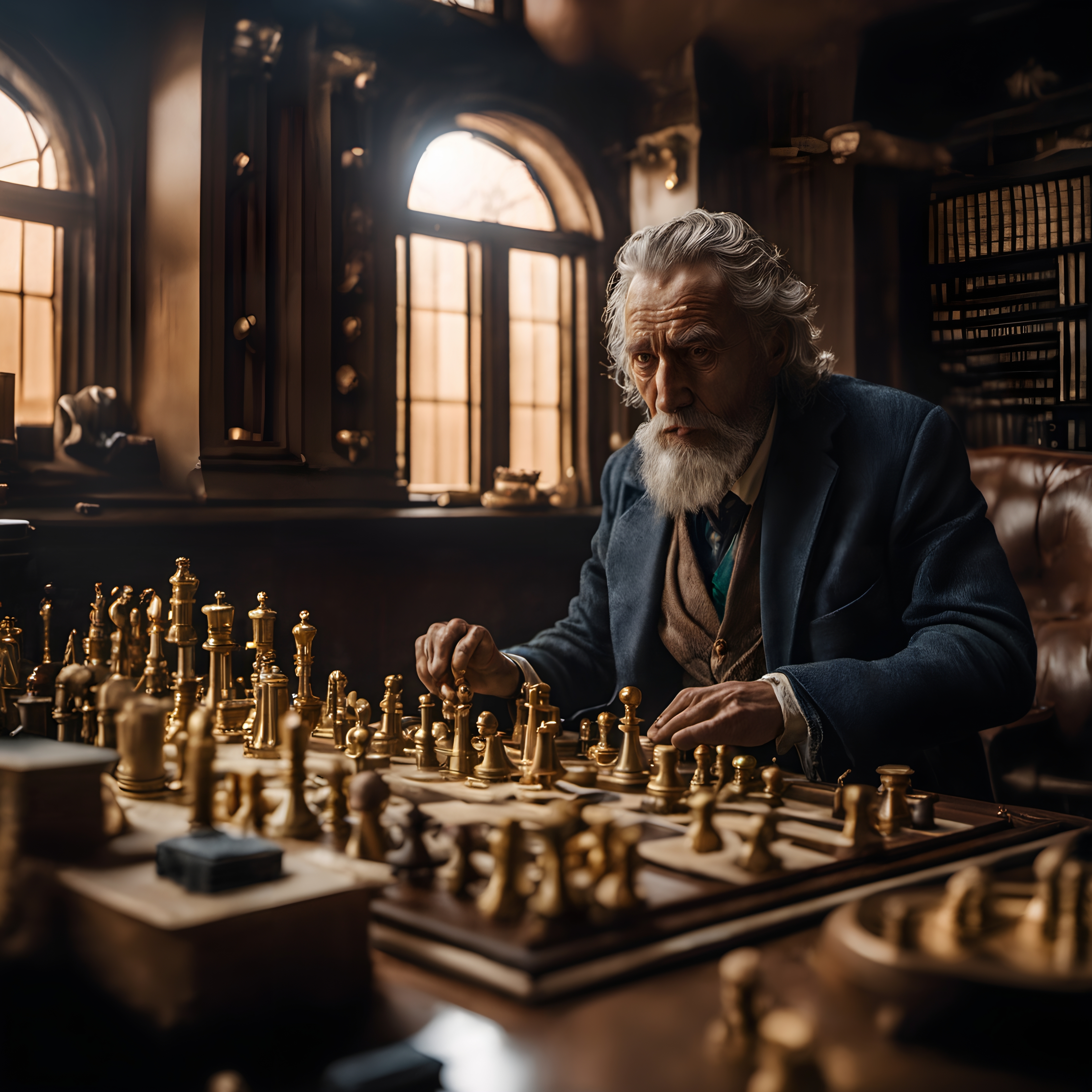 Elderly man playing chess in an ornate study with golden pieces.