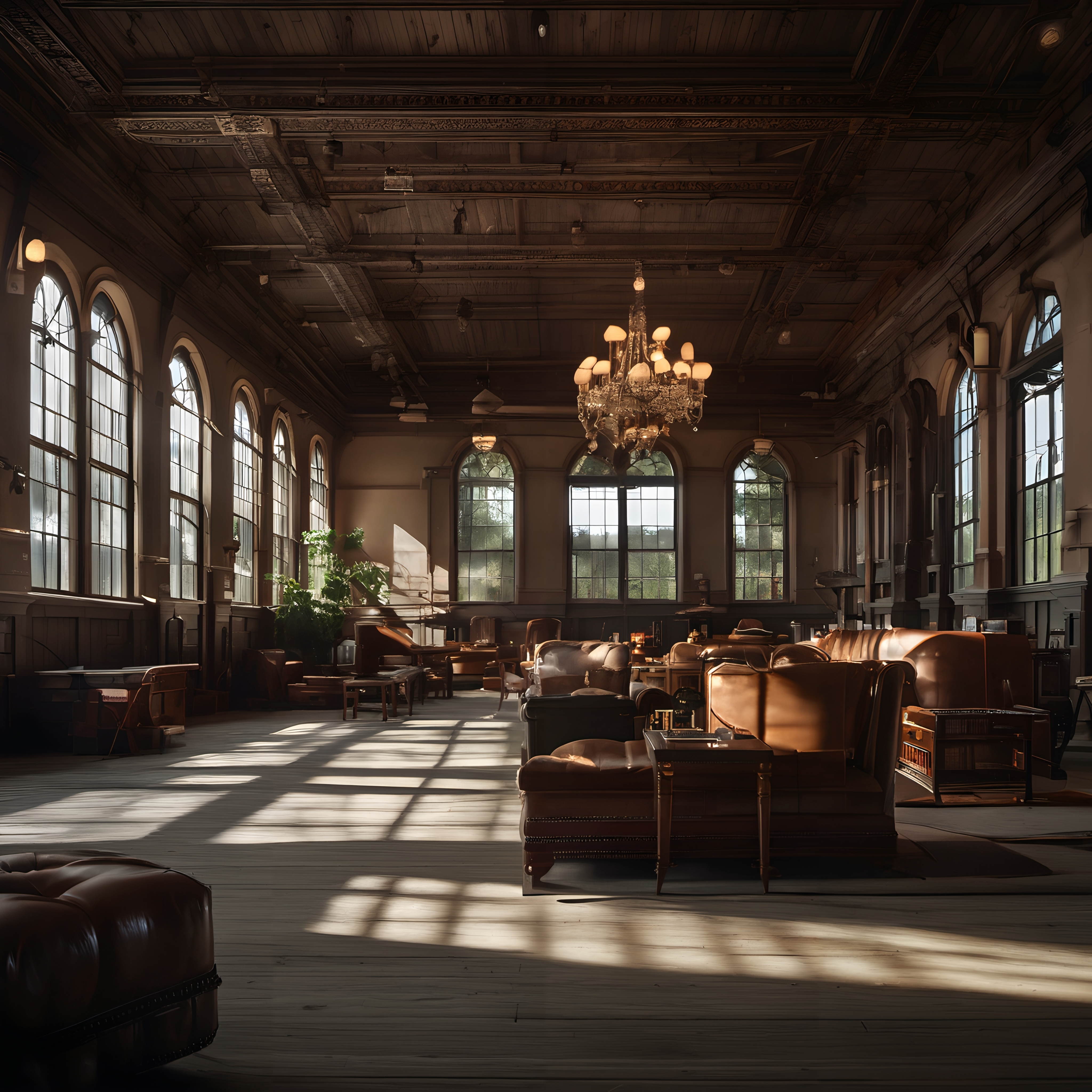 Elegant historical lounge with grand chandelier and leather seating.