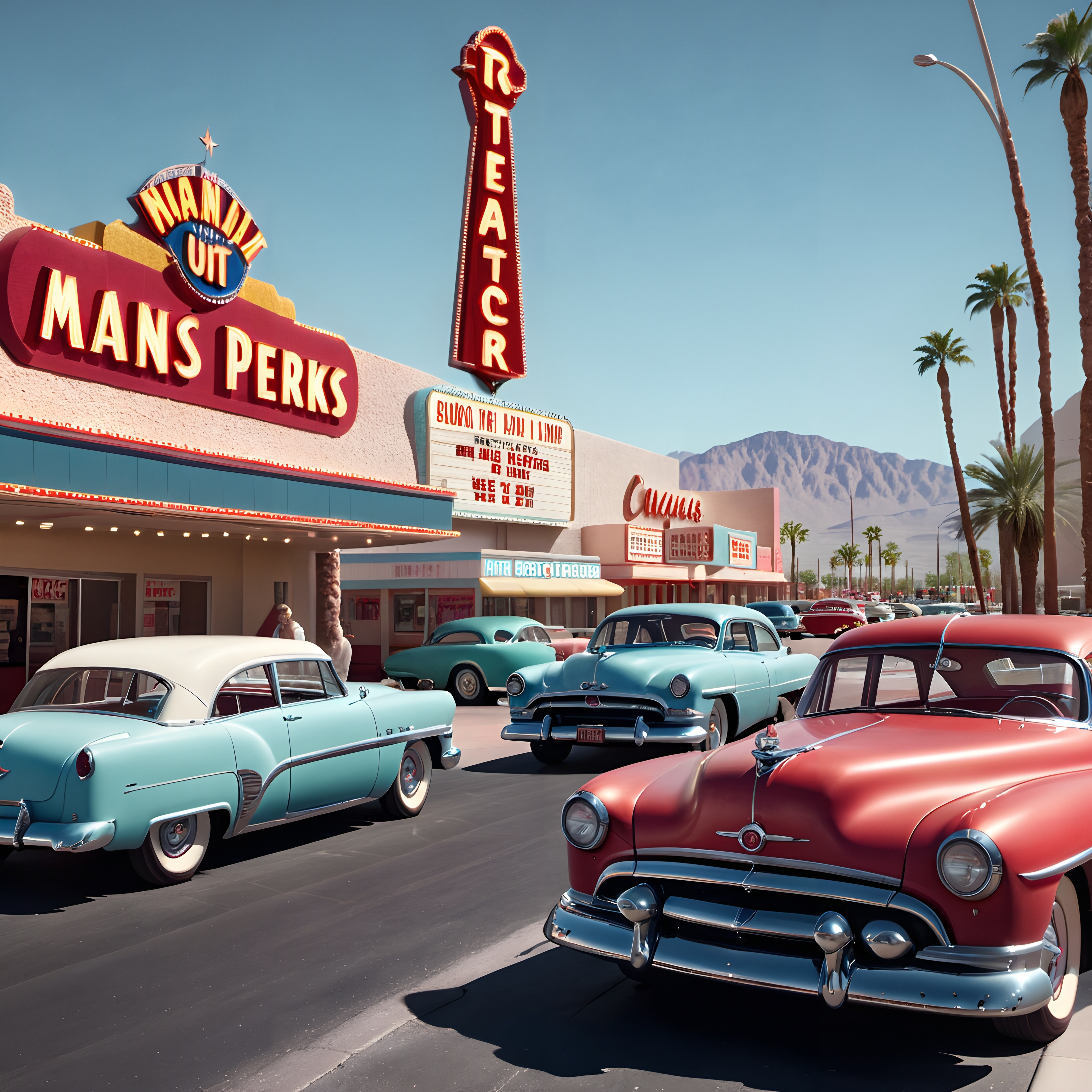 A nostalgic mid-century American street scene features vintage cars, a classic theater, and palm trees.