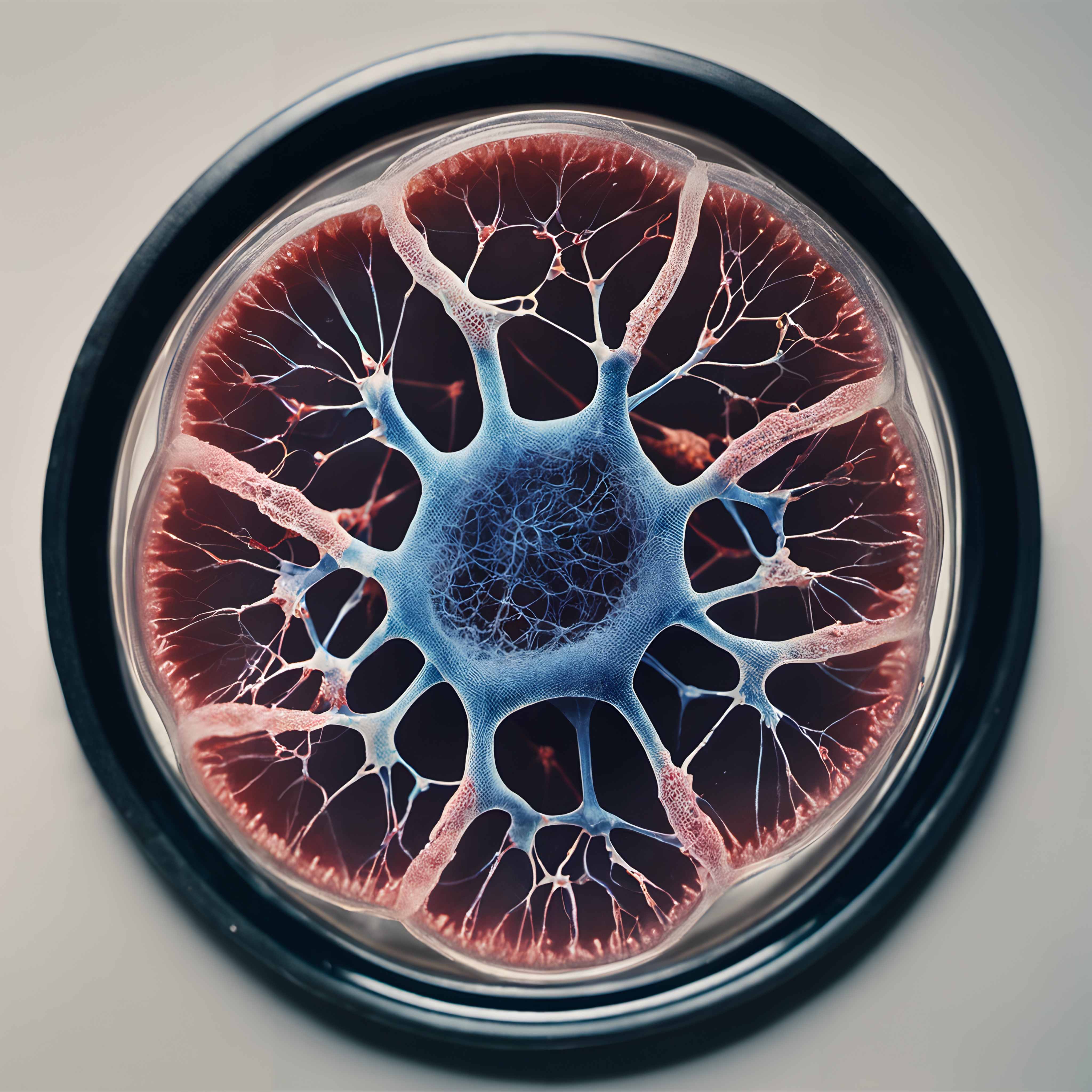 Close-up of intricate cellular pattern in a petri dish.