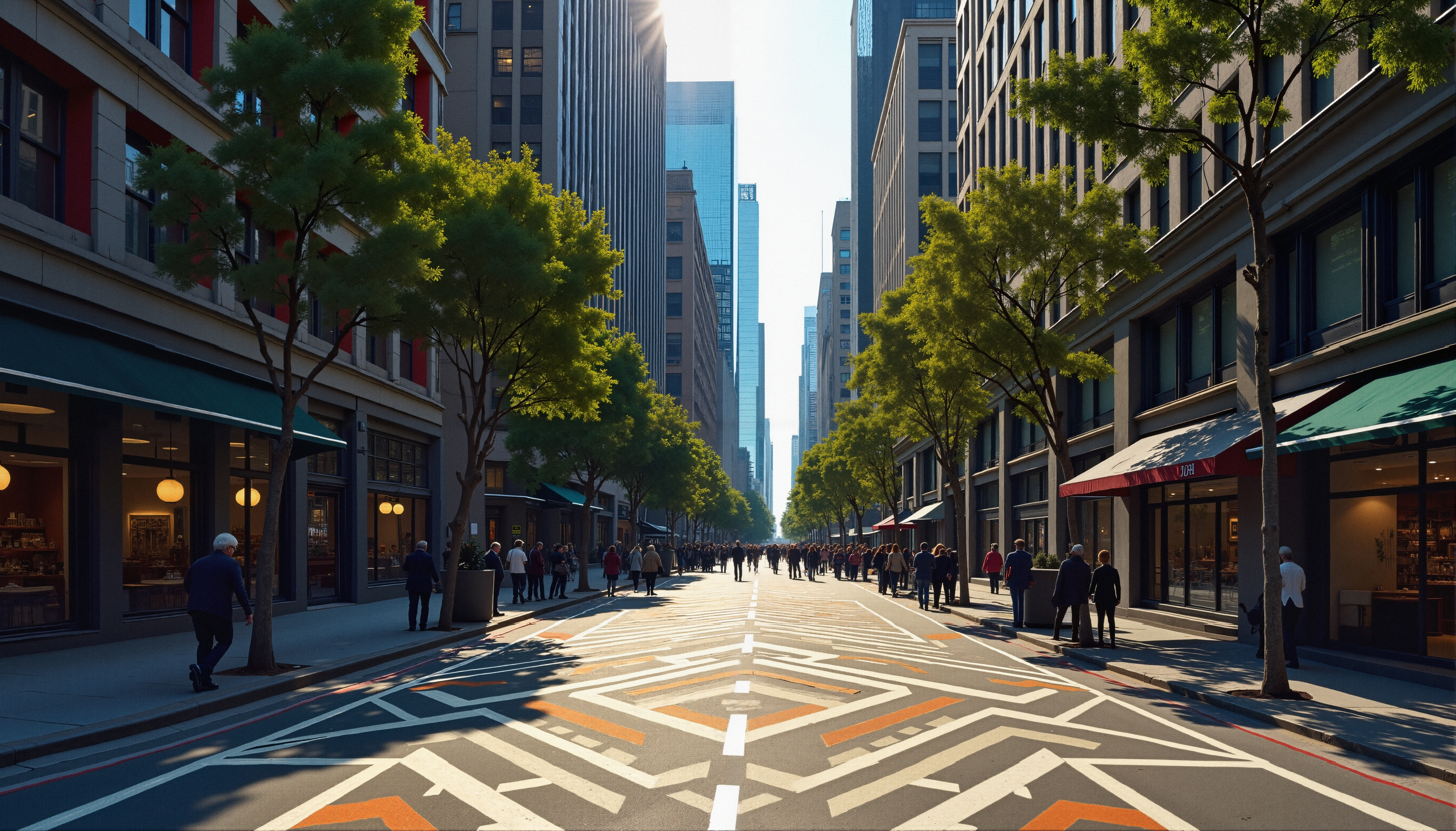 A lively city street with tall buildings, trees, and pedestrians.
