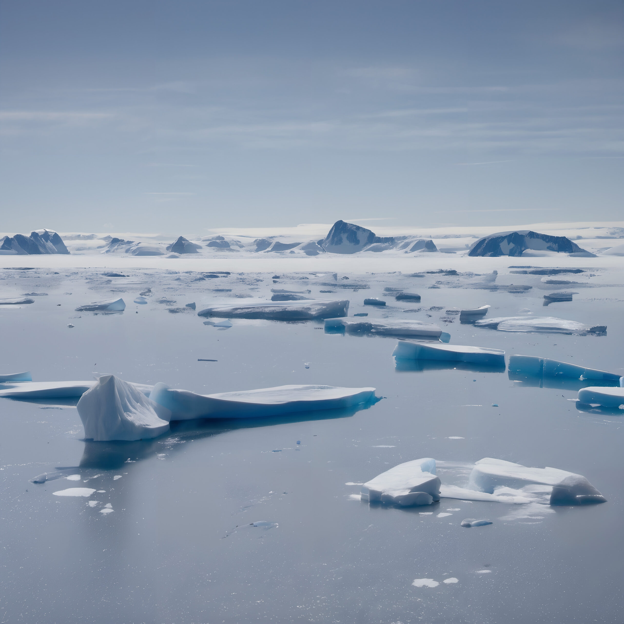 Serene Antarctic seascape featuring floating icebergs and distant snowy peaks under clear skies