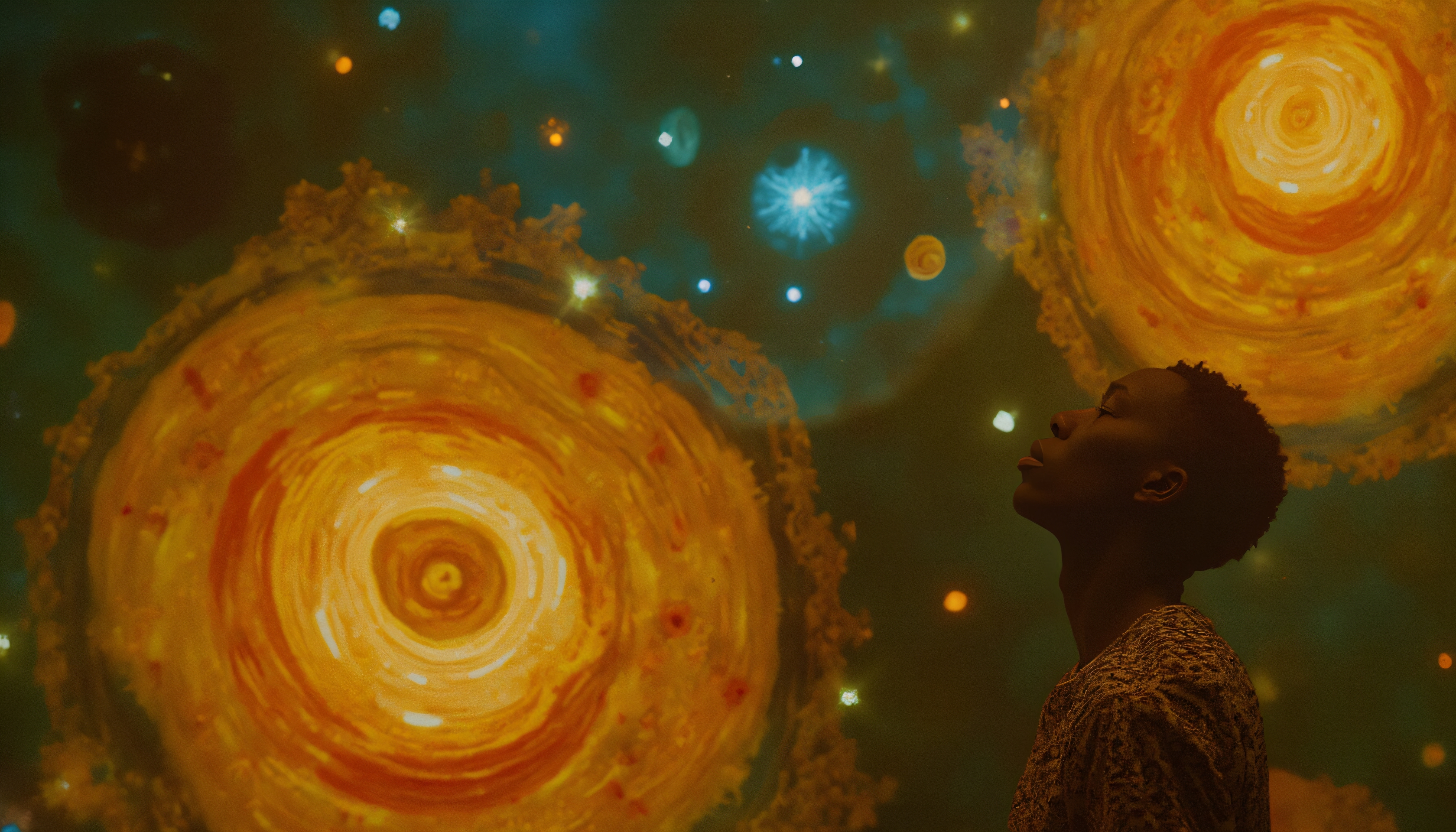 A person silhouetted against colorful, glowing celestial orbs, embodying cosmic wonder and introspection.