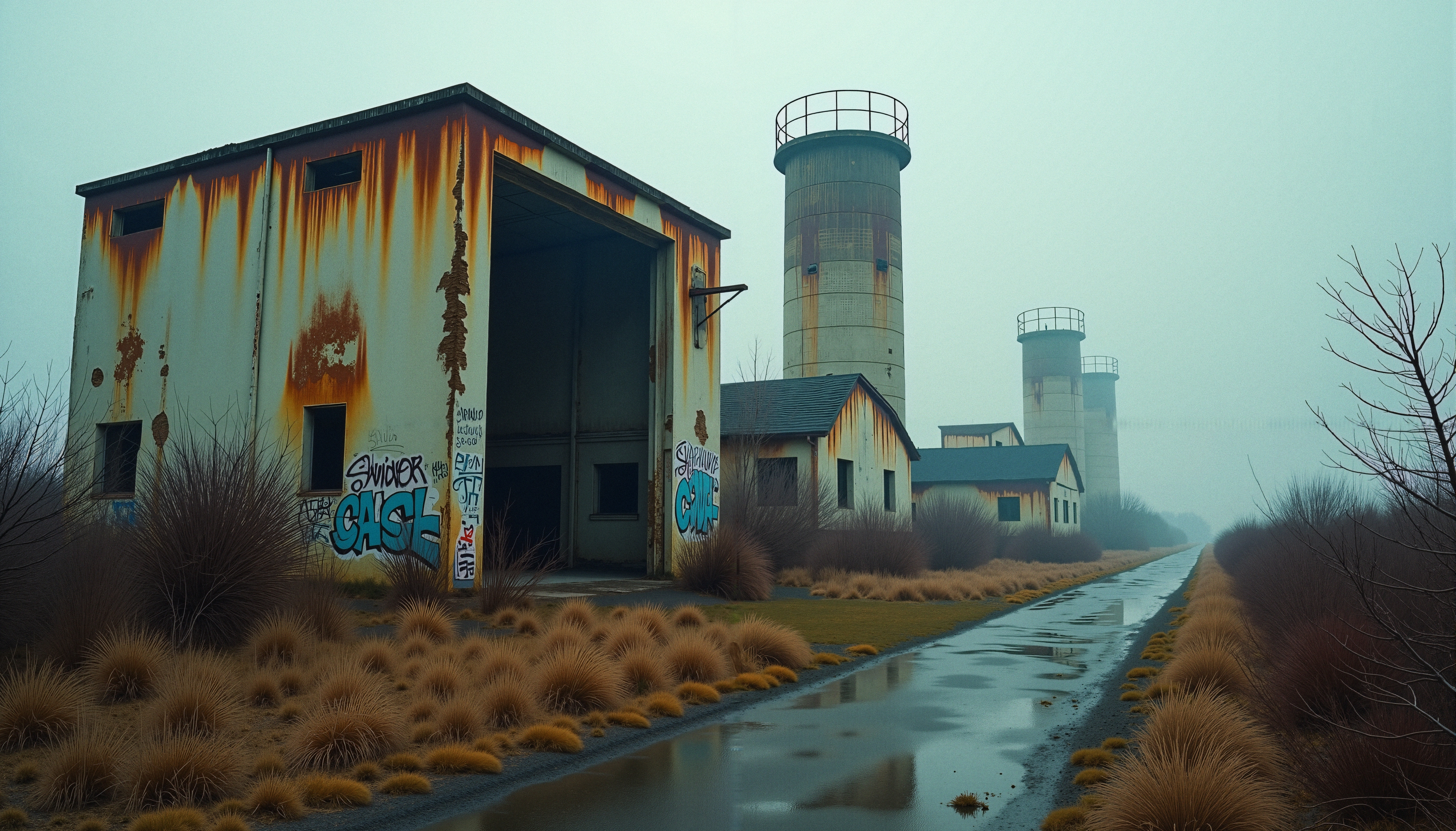 Image of an abandoned industrial site with rusted buildings and graffiti under an eerie fog, evoking isolation and decay.