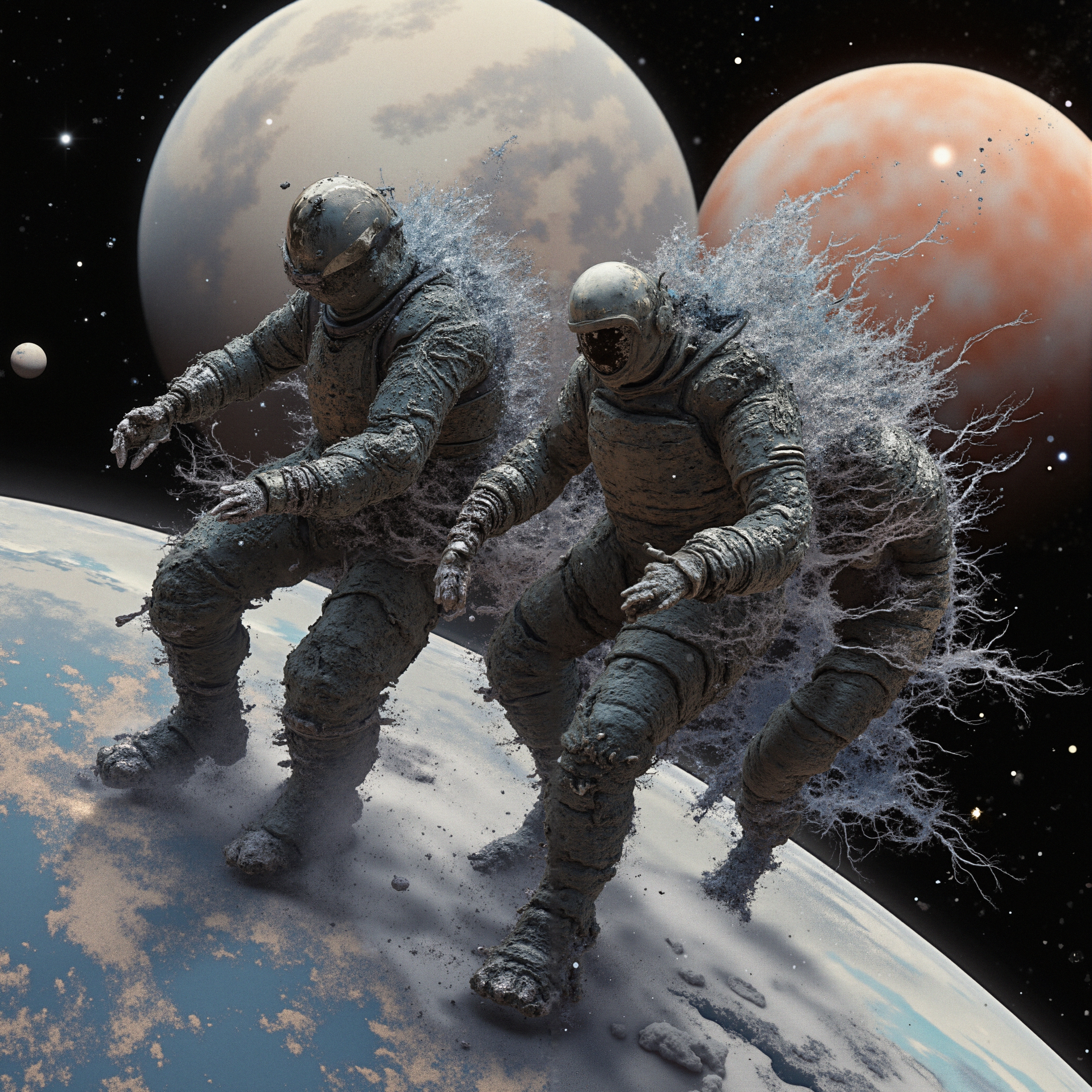 Two astronauts amidst cosmic planets, walking through an otherworldly scene with ethereal transformations showcased.