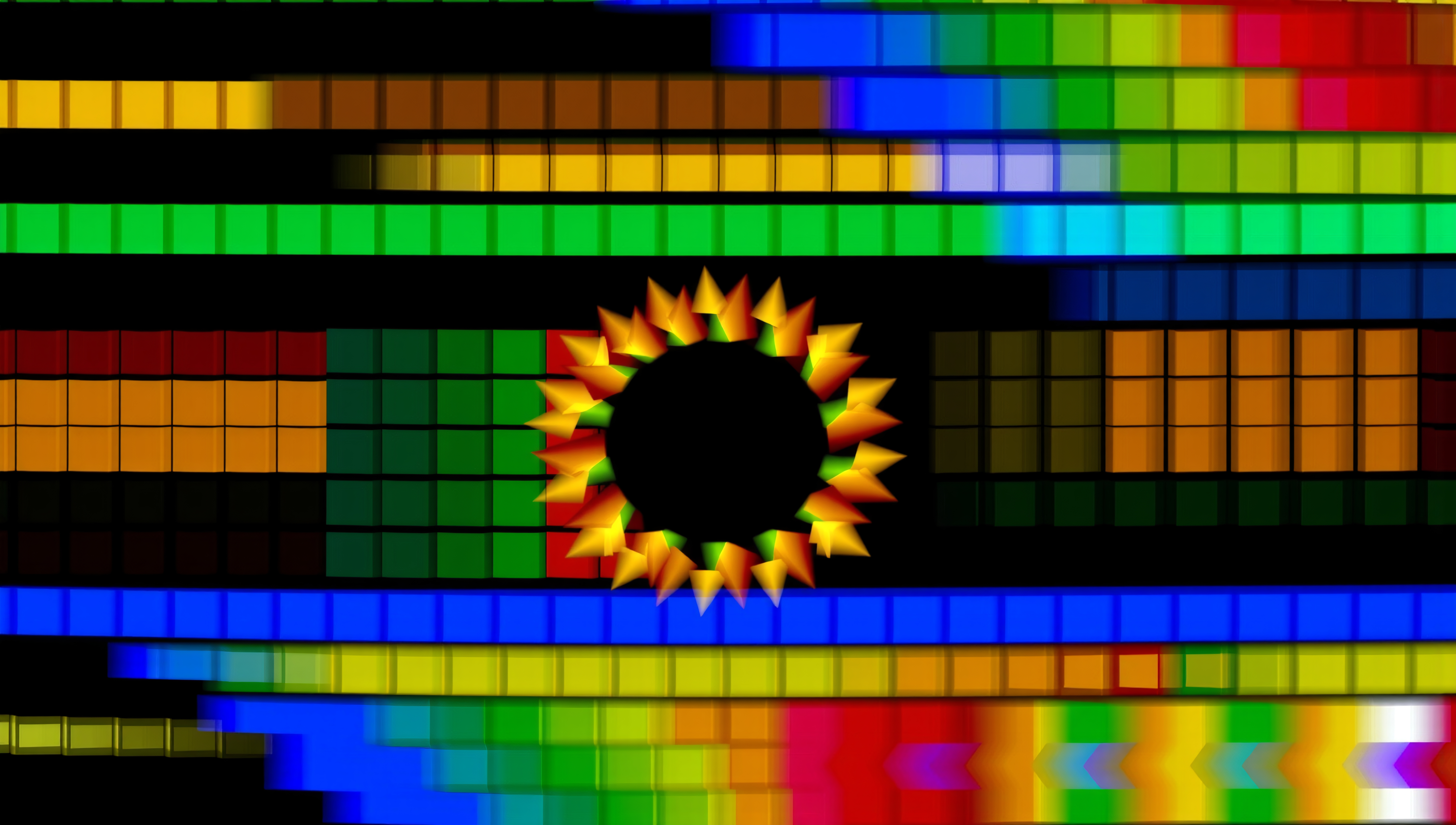 Abstract colorful pixelated digital art featuring rainbow sunburst pattern perfect for wallpapers