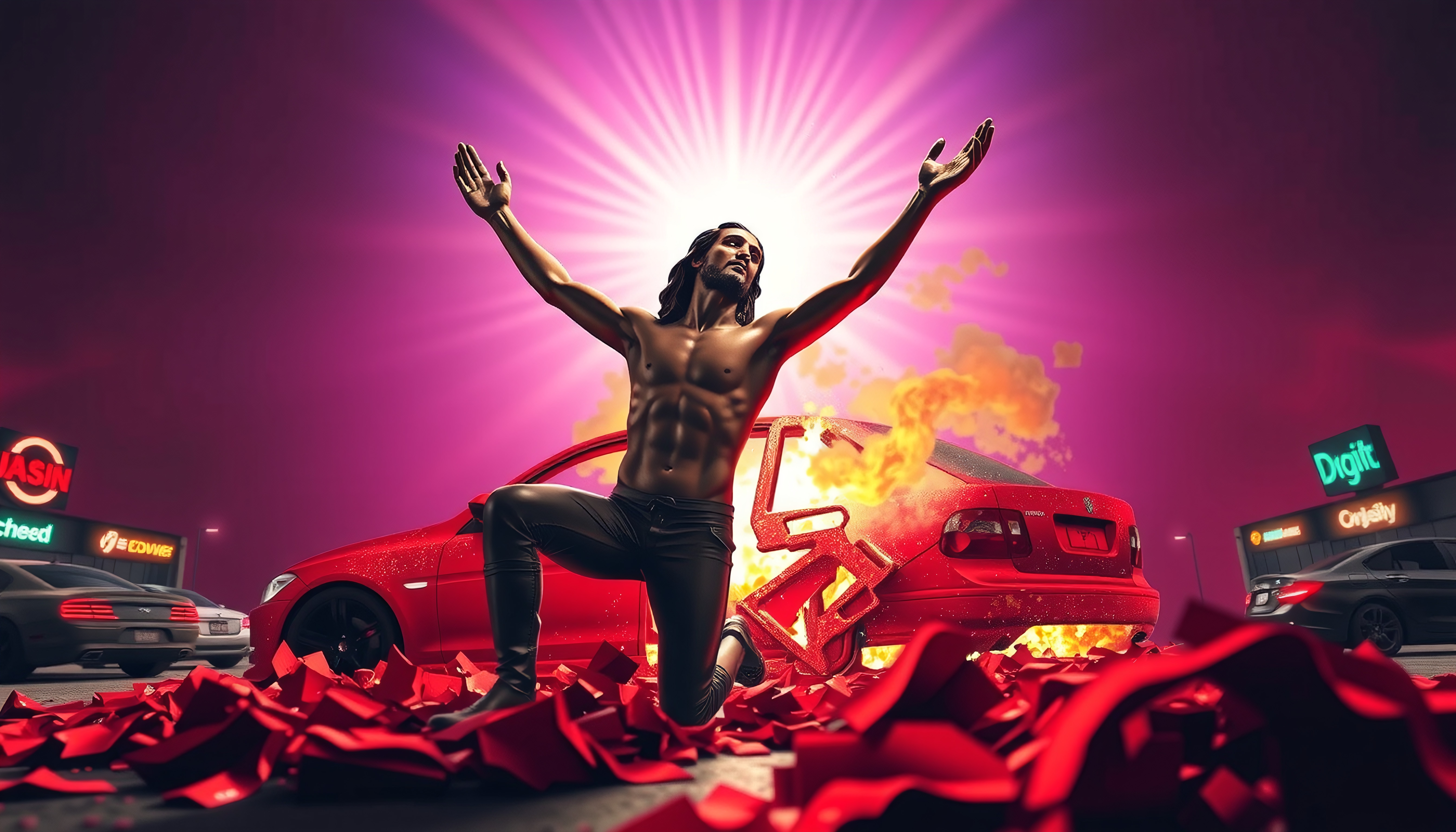 Triumphant Figure Amidst Flames