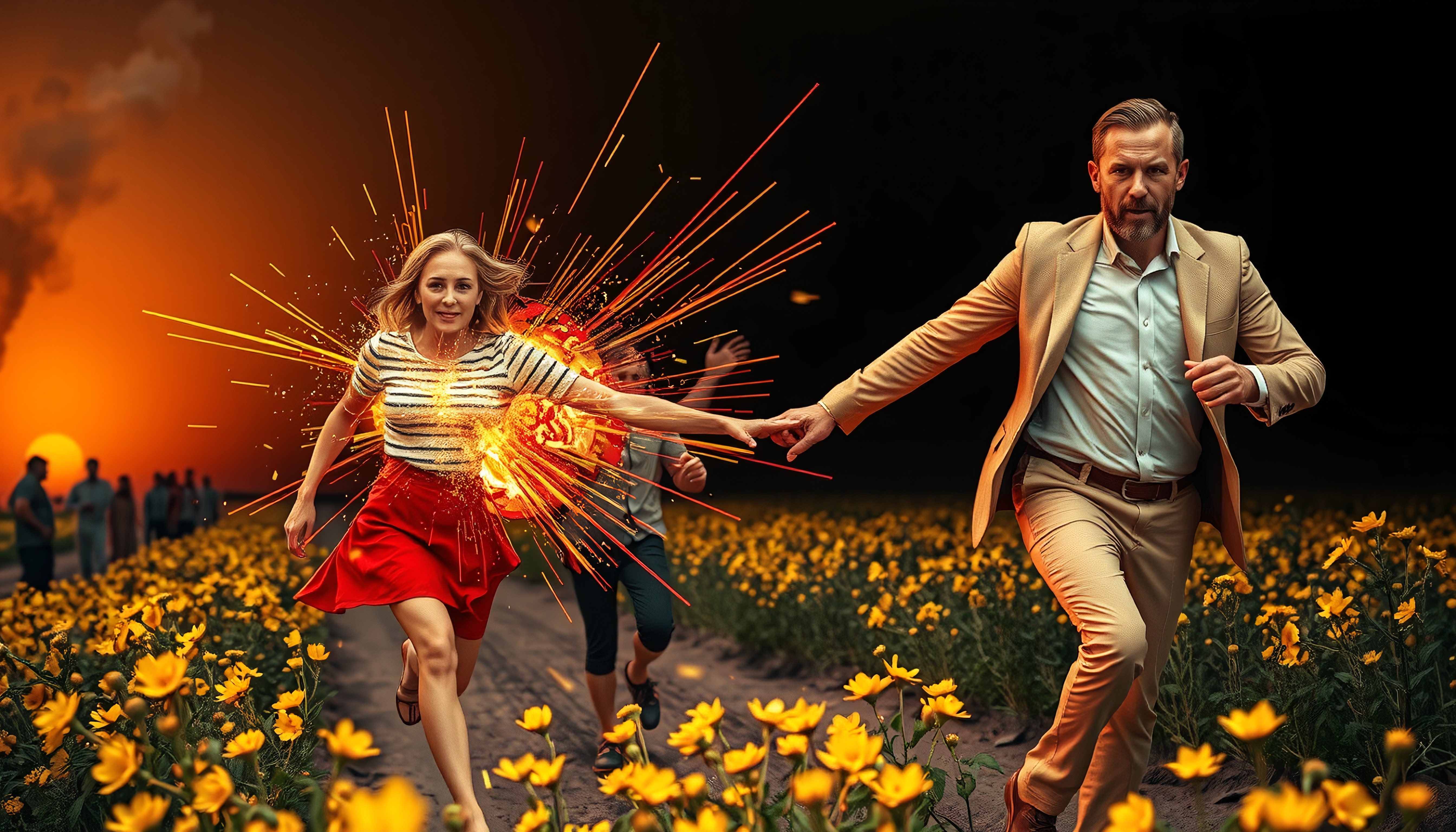 A couple runs through a flower field at sunset, with dynamic light bursts highlighting their urgent escape and focused determination.