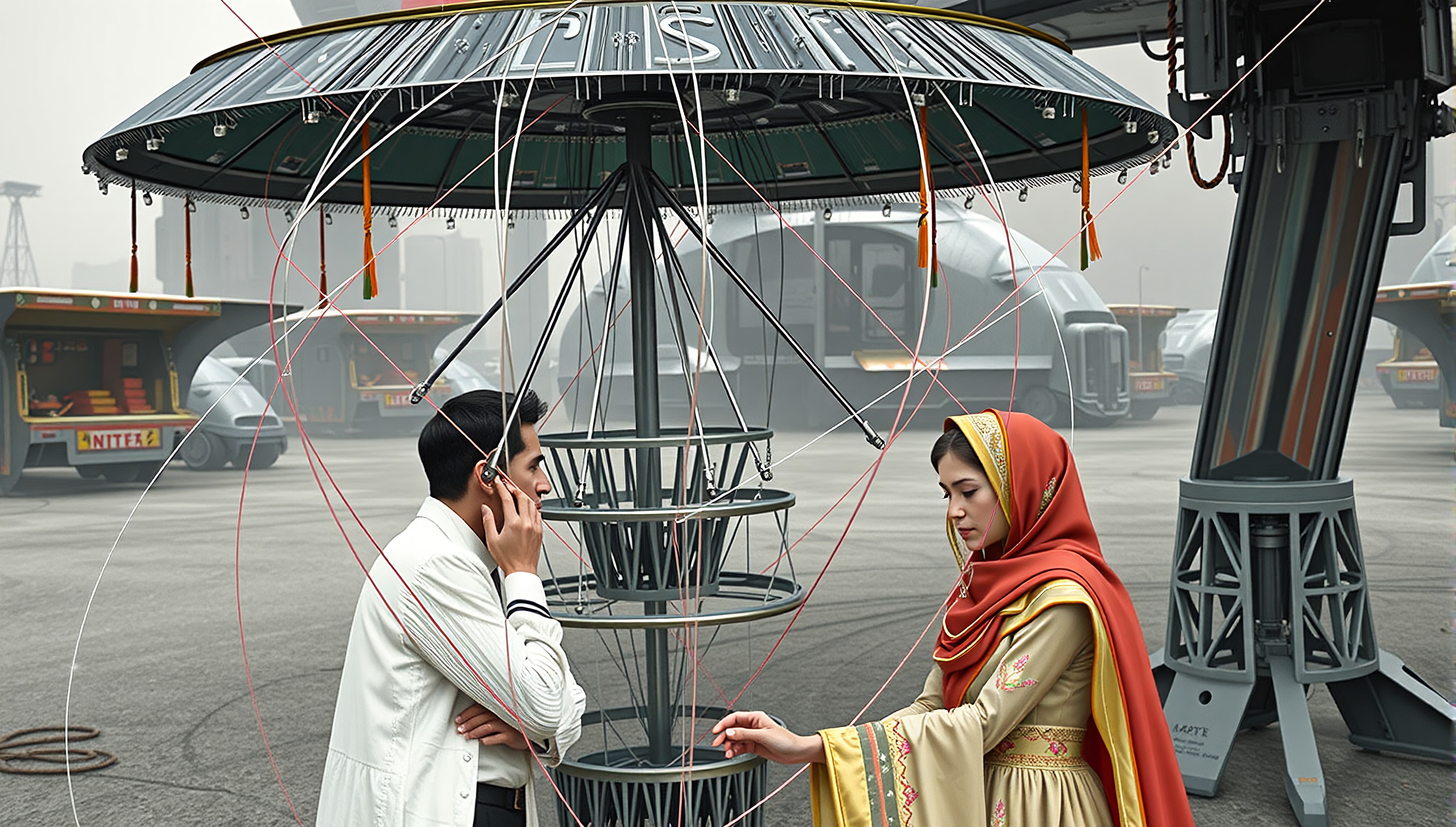 People beneath wires, futuristic setting, traditional attire, modern technology.