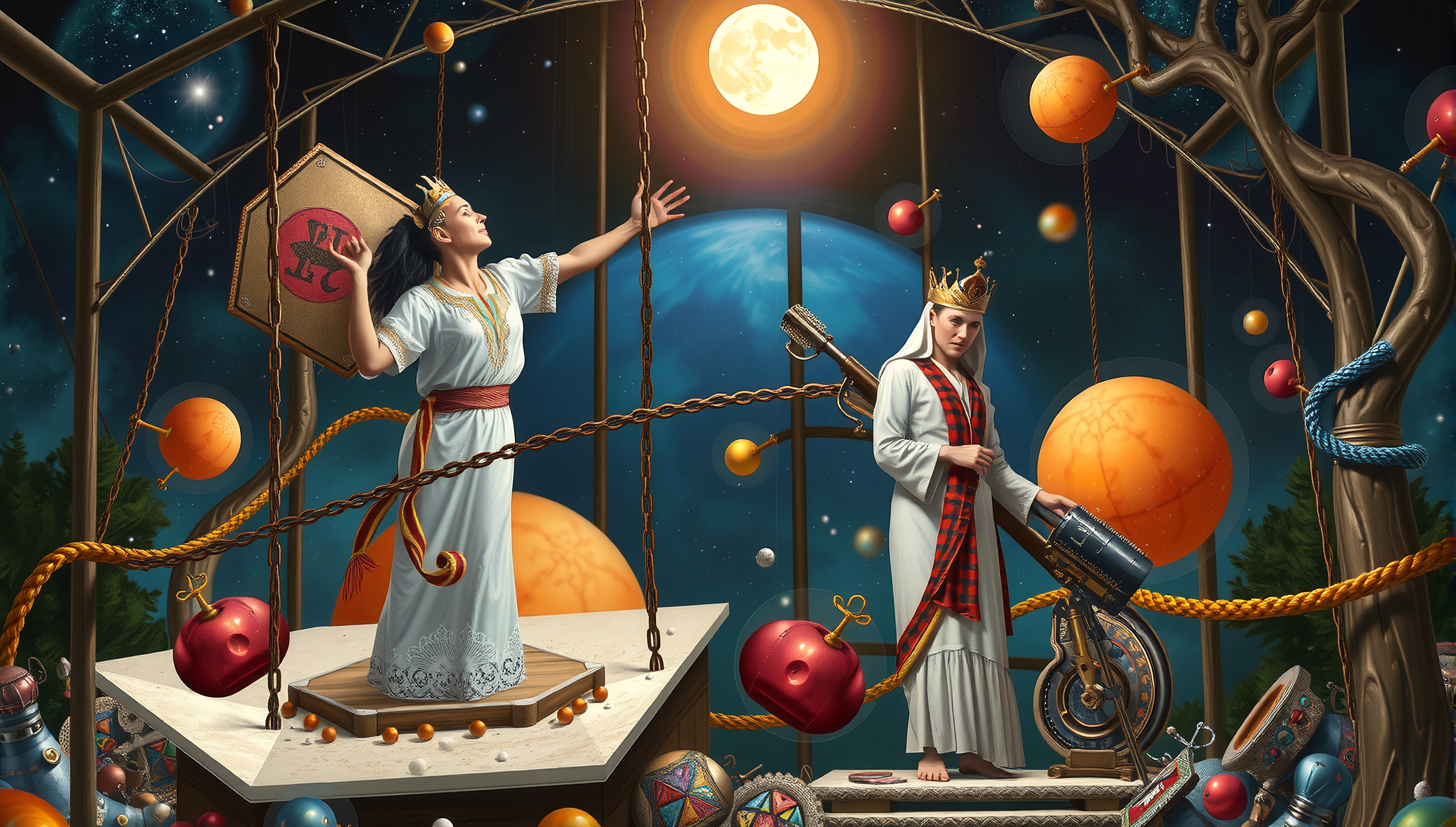 Two regal figures in a vibrant, theatrical celestial scene with planets, ropes, and an ethereal night sky.