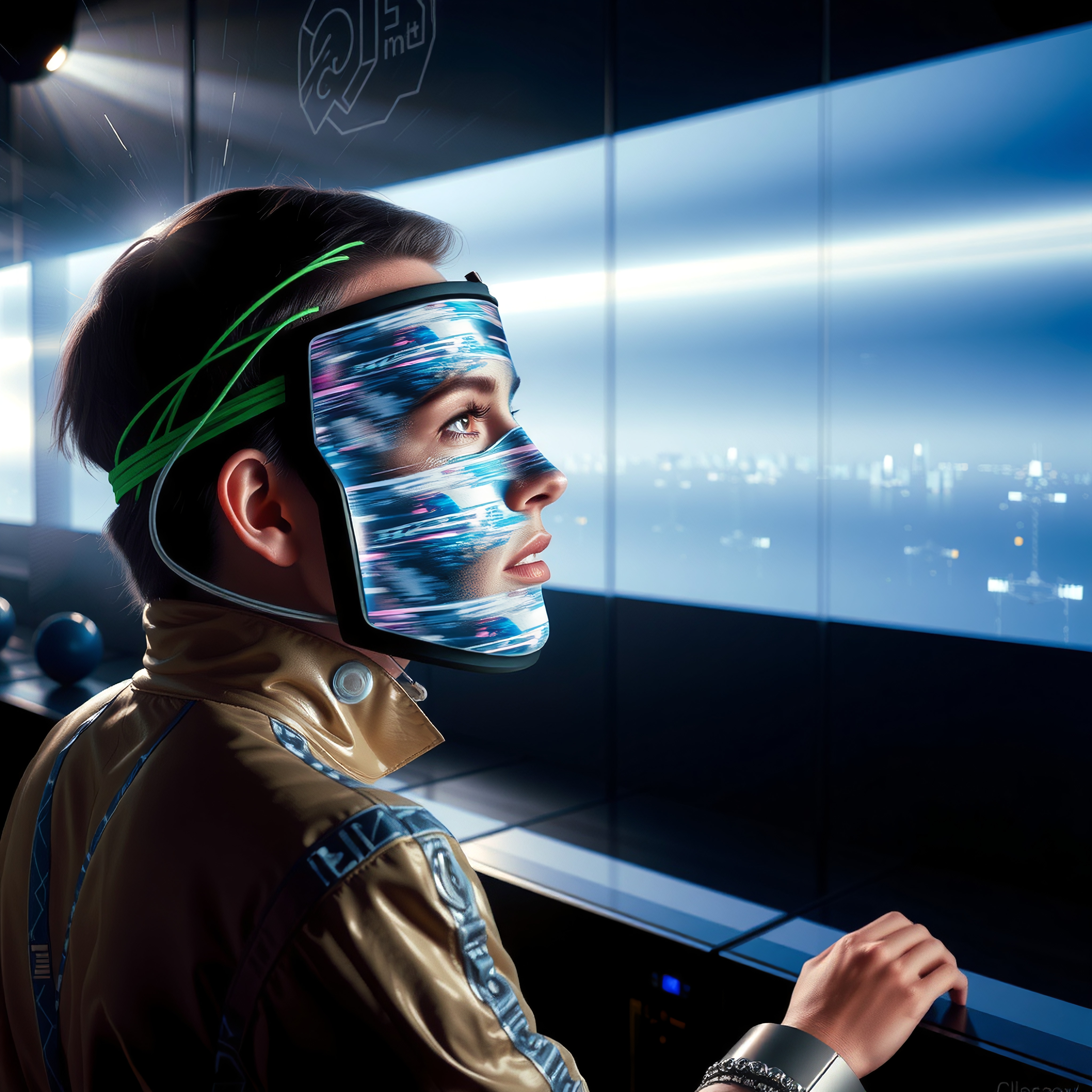 A futuristic individual wearing a digital mask looks out at a neon-lit cityscape through a large window, symbolizing advanced technology and innovation.