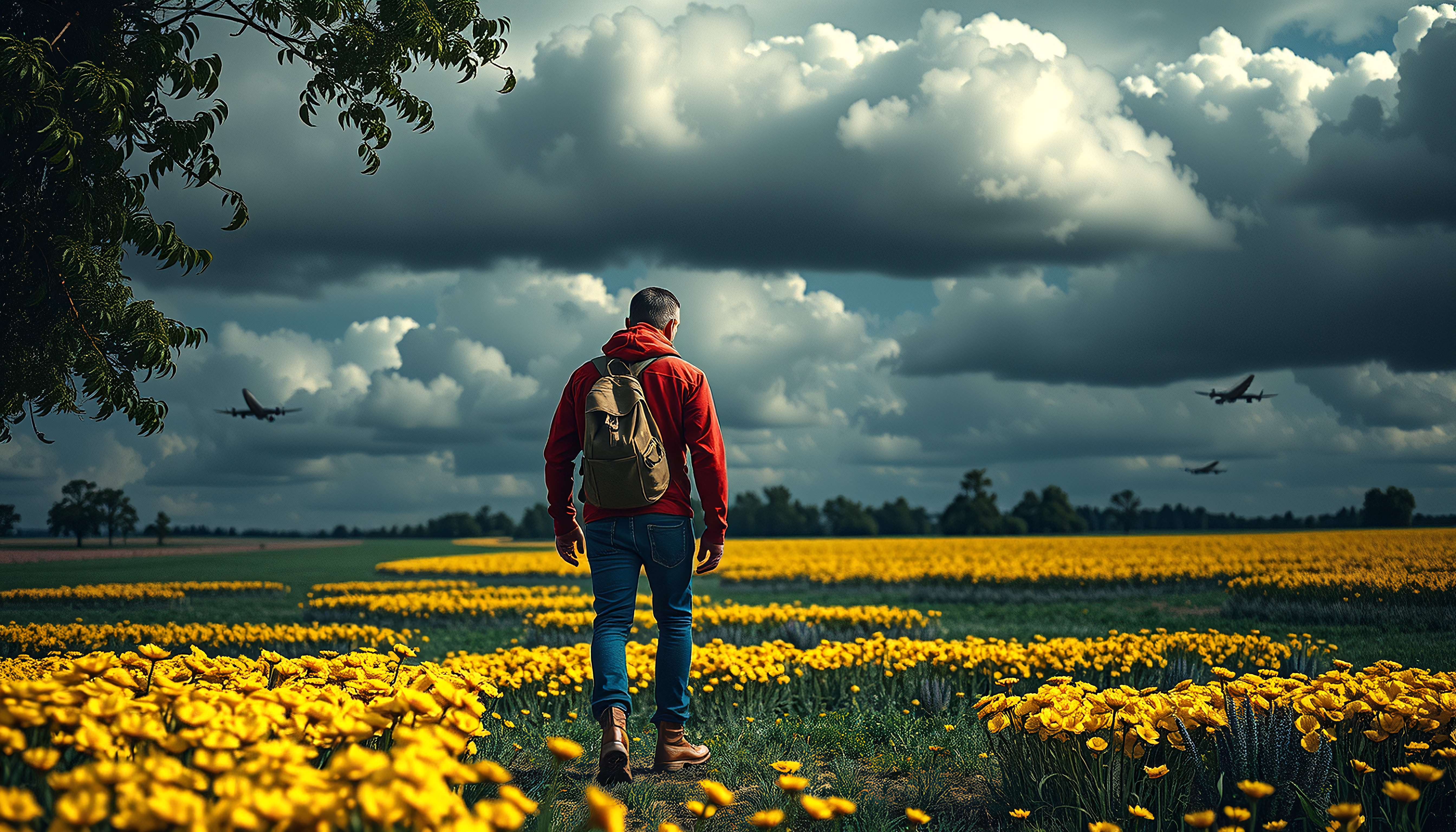 A man in a red hoodie walks through a yellow flower field under dark clouds with airplanes in the background.