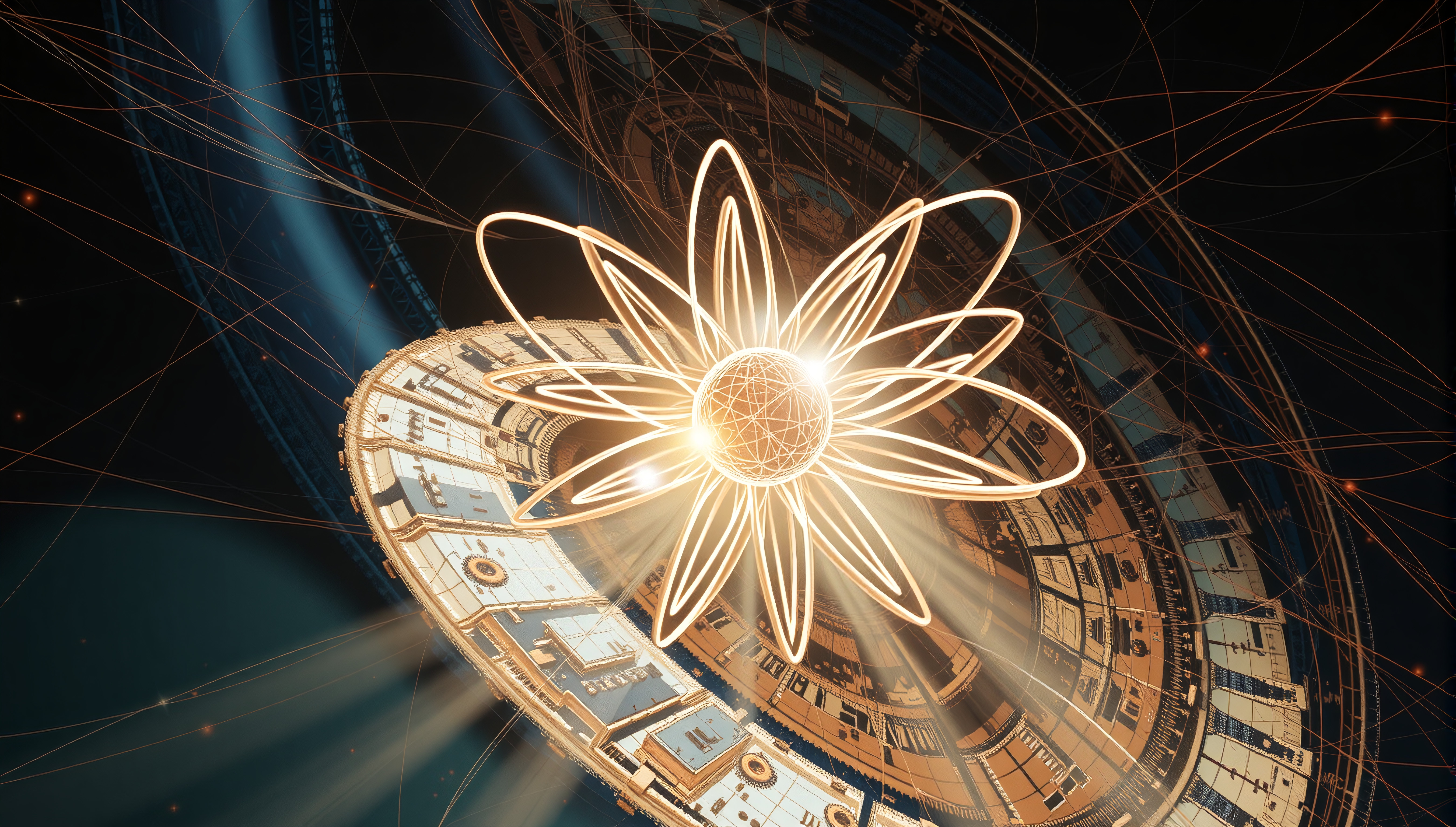 A glowing sphere with golden loops and intricate circular structures depicts futuristic energy technology.