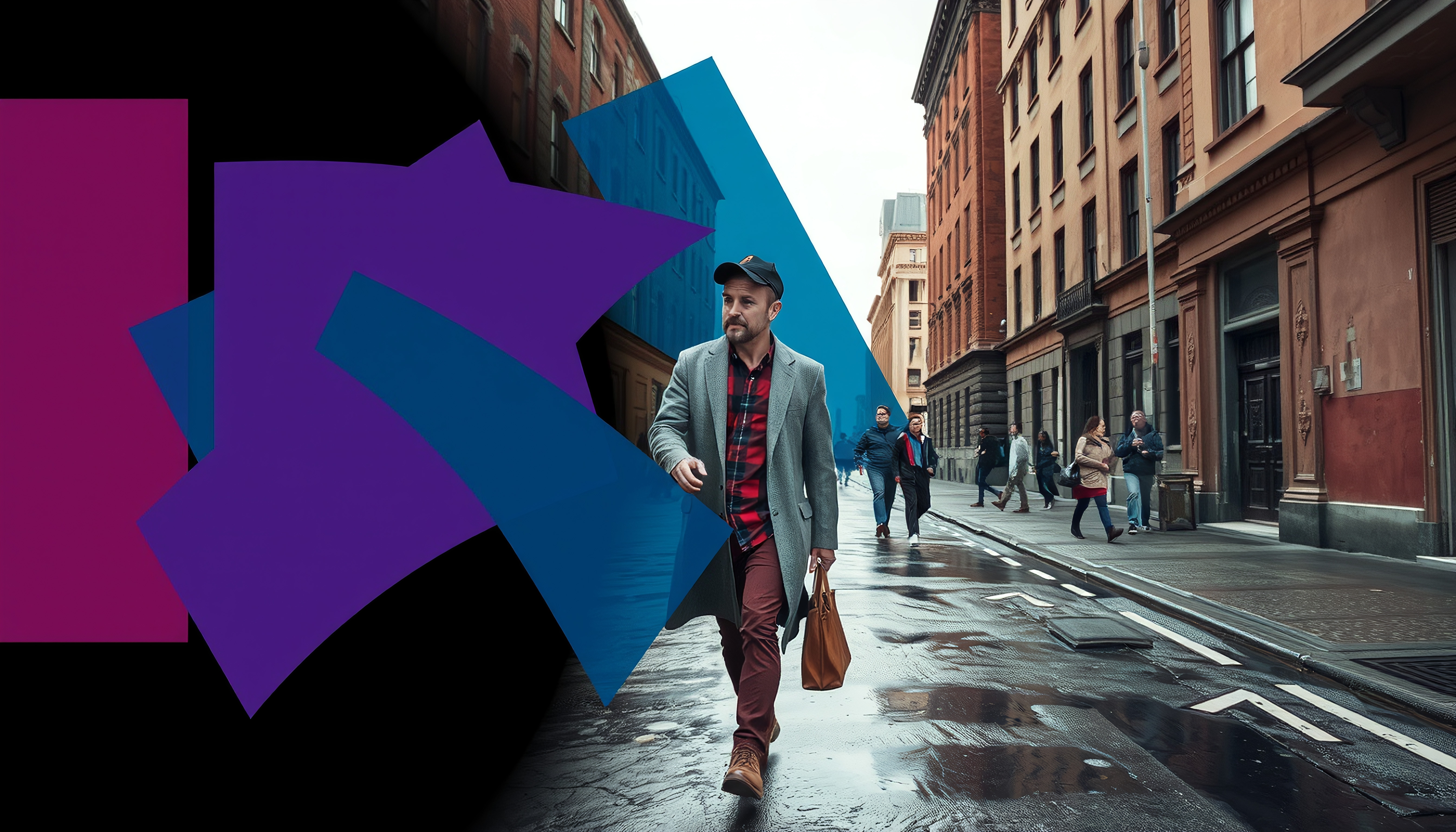 Man walking on city street, abstract overlay.