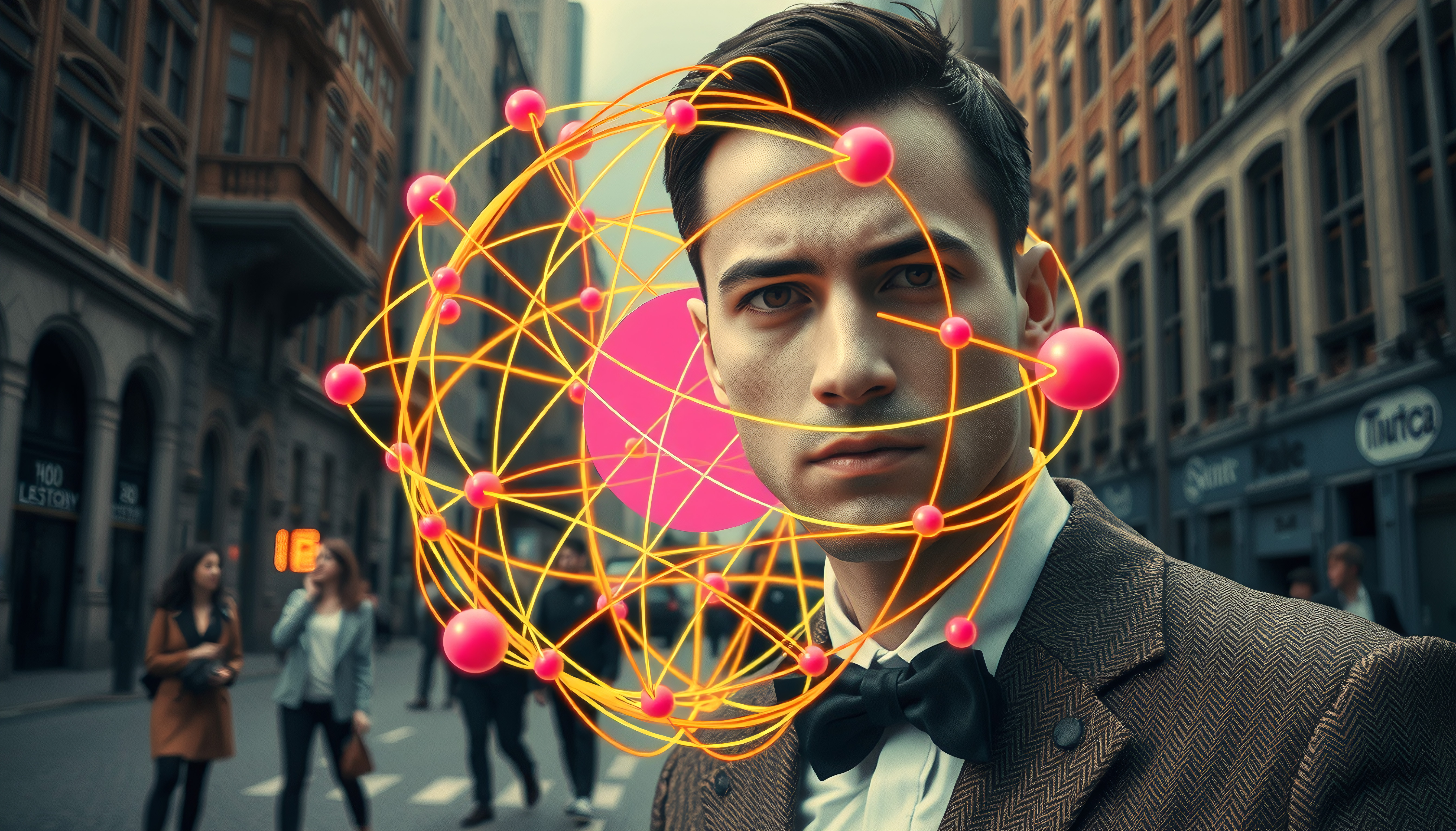 Man wearing suit with futuristic glowing orb over head on busy city street representing AI and tech convergence