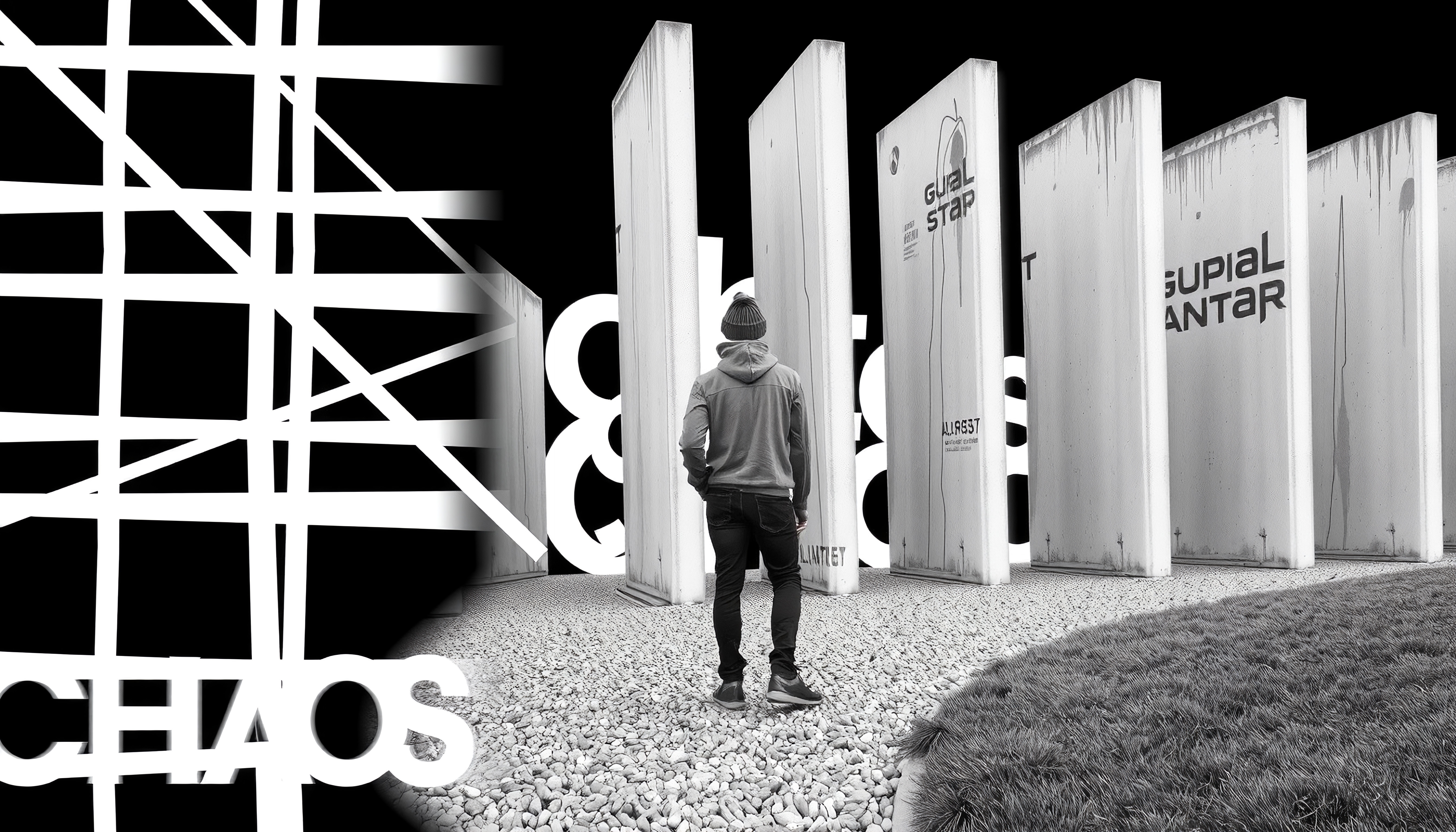 Black and white abstract urban scene with person amidst tall slabs, bold letters, and intersecting lines.