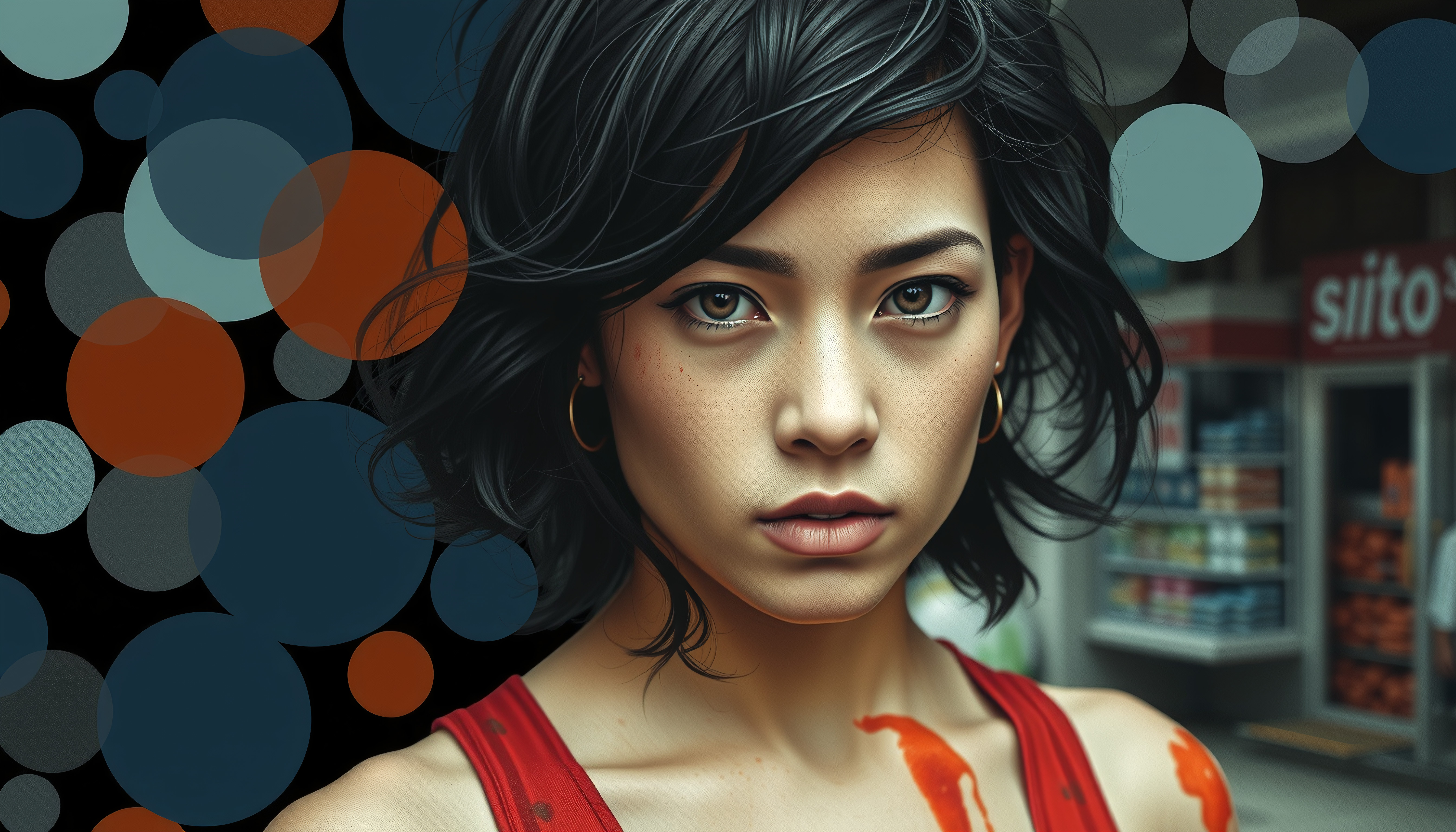 Woman with red stains stares intensely in urban setting
