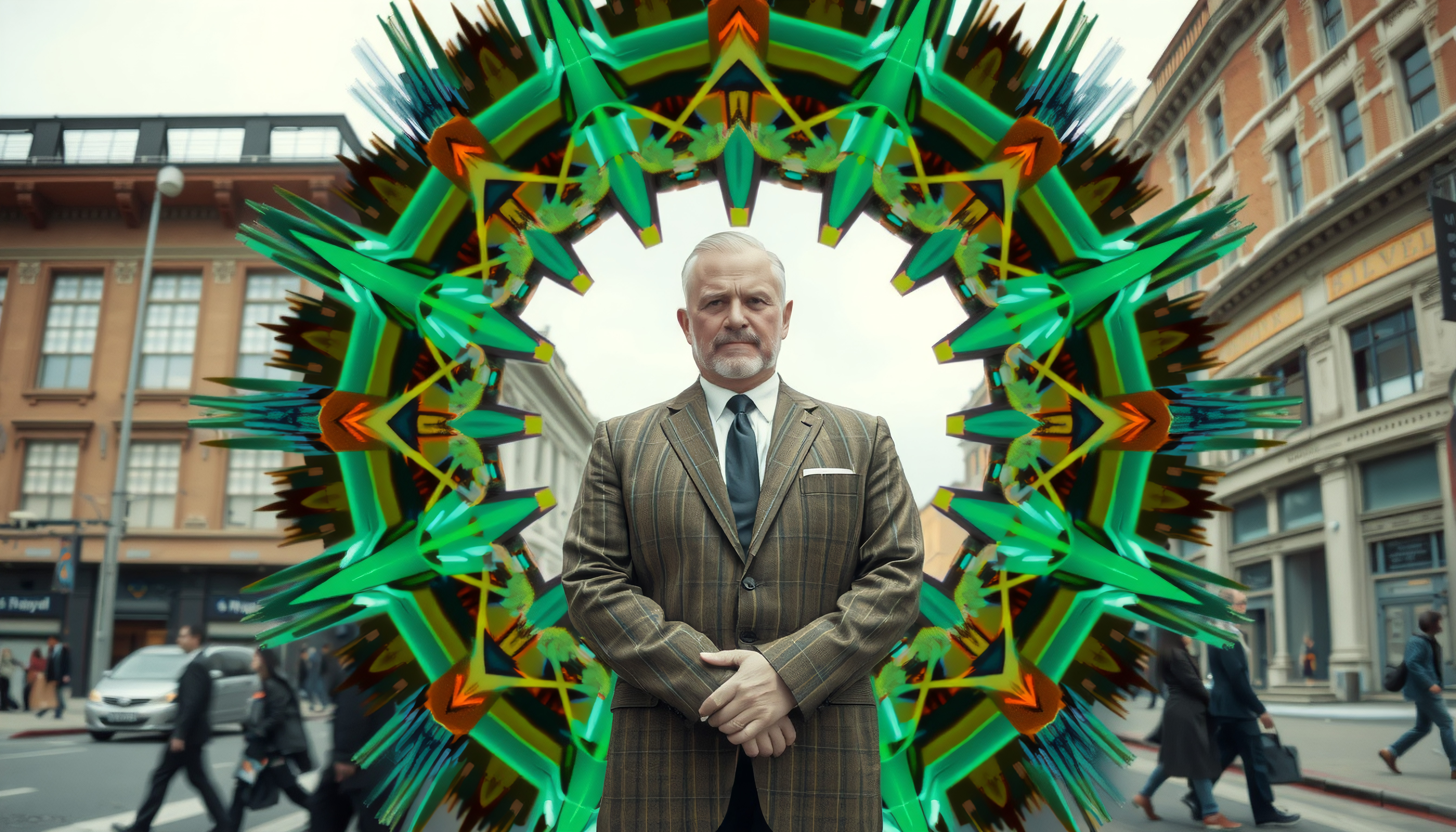 Elderly businessman standing through futuristic green portal on busy city street