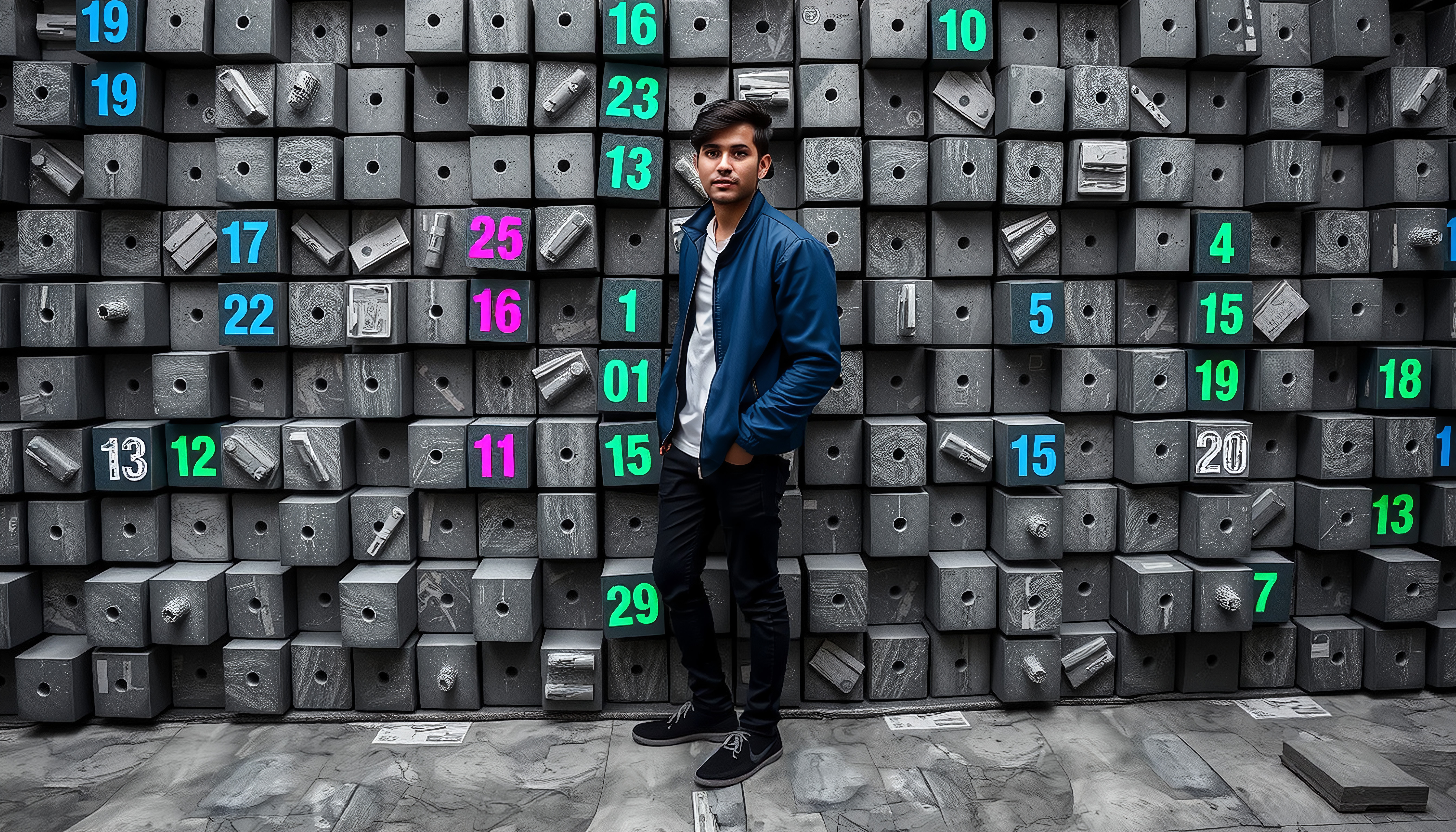 Young man standing before numbered cube wall art