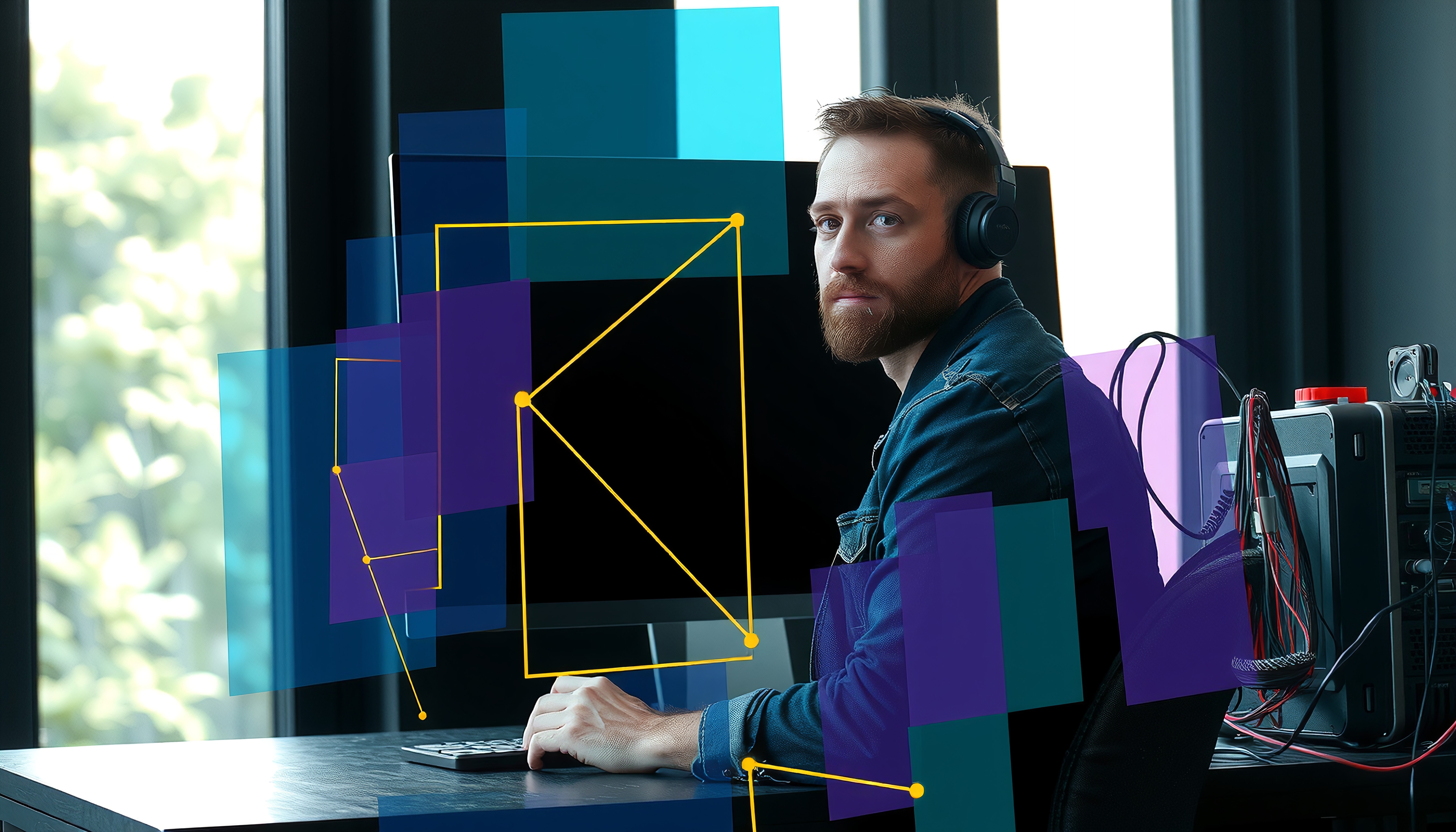 A man at a desk with headphones, surrounded by abstract digital art on his screen, in a bright office space.