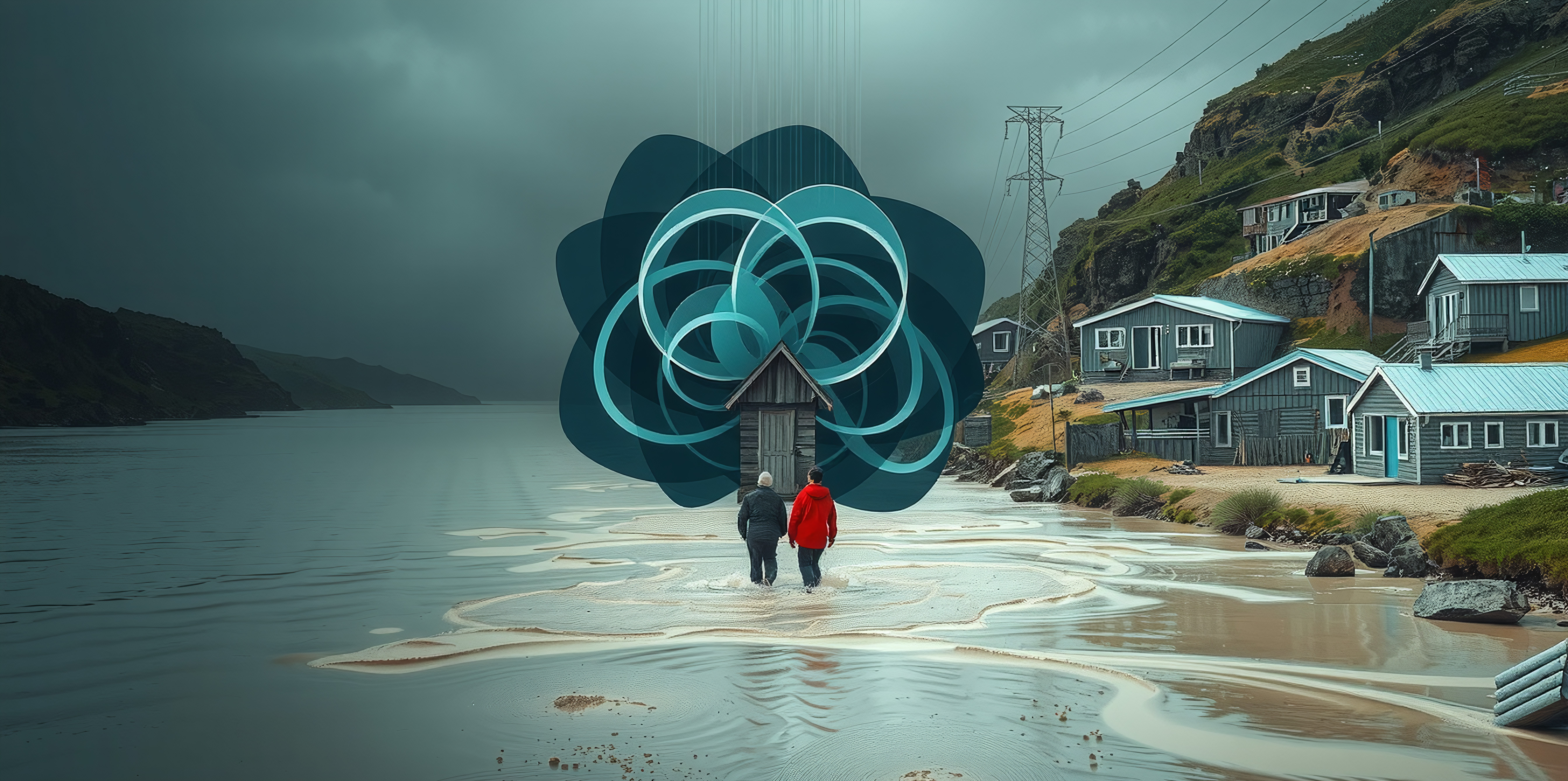 Surreal scene with people walking towards a geometric structure by a lake, against an overcast sky, with nearby hillside houses.