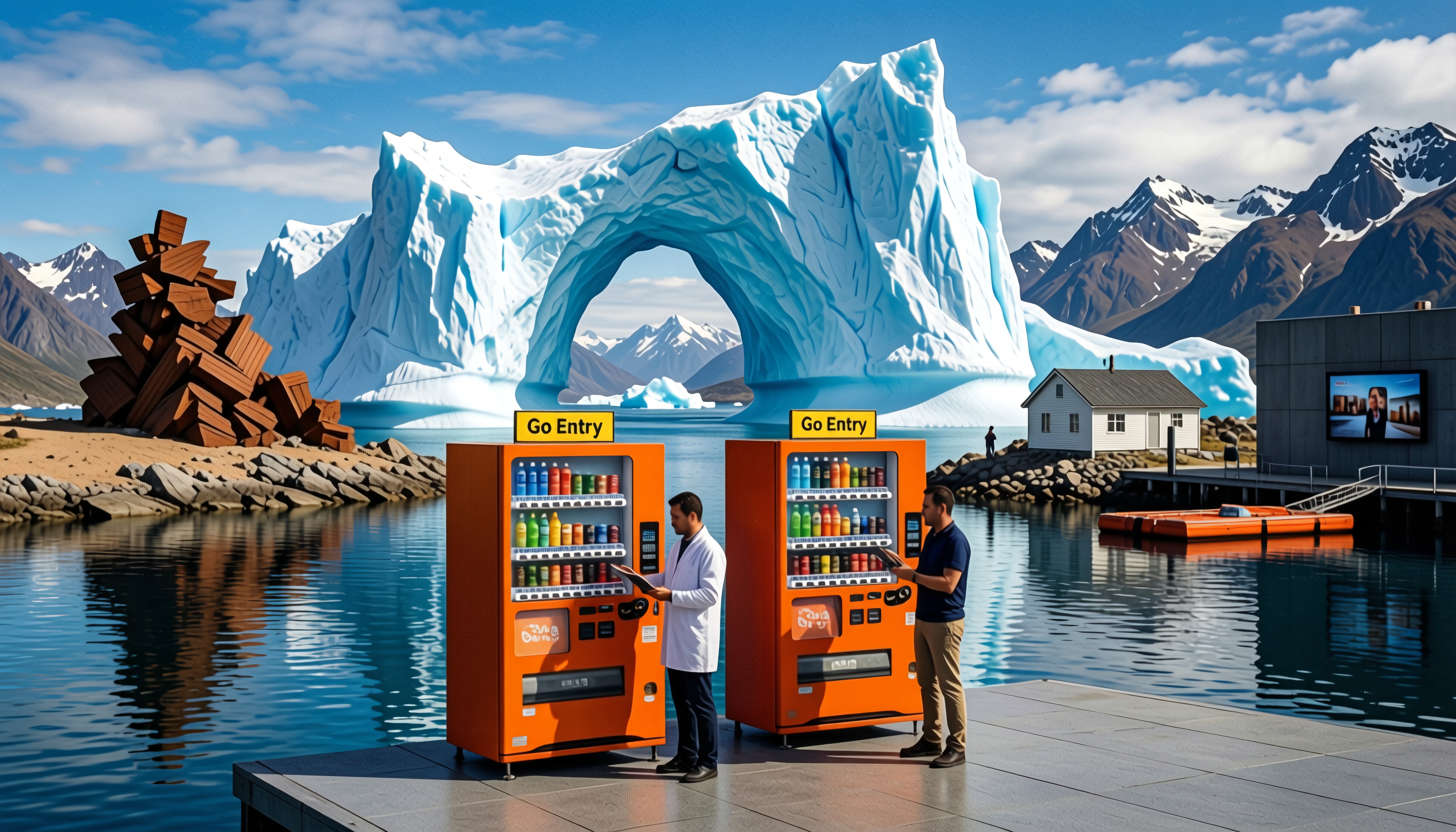 Two vending machines by arctic landscape.