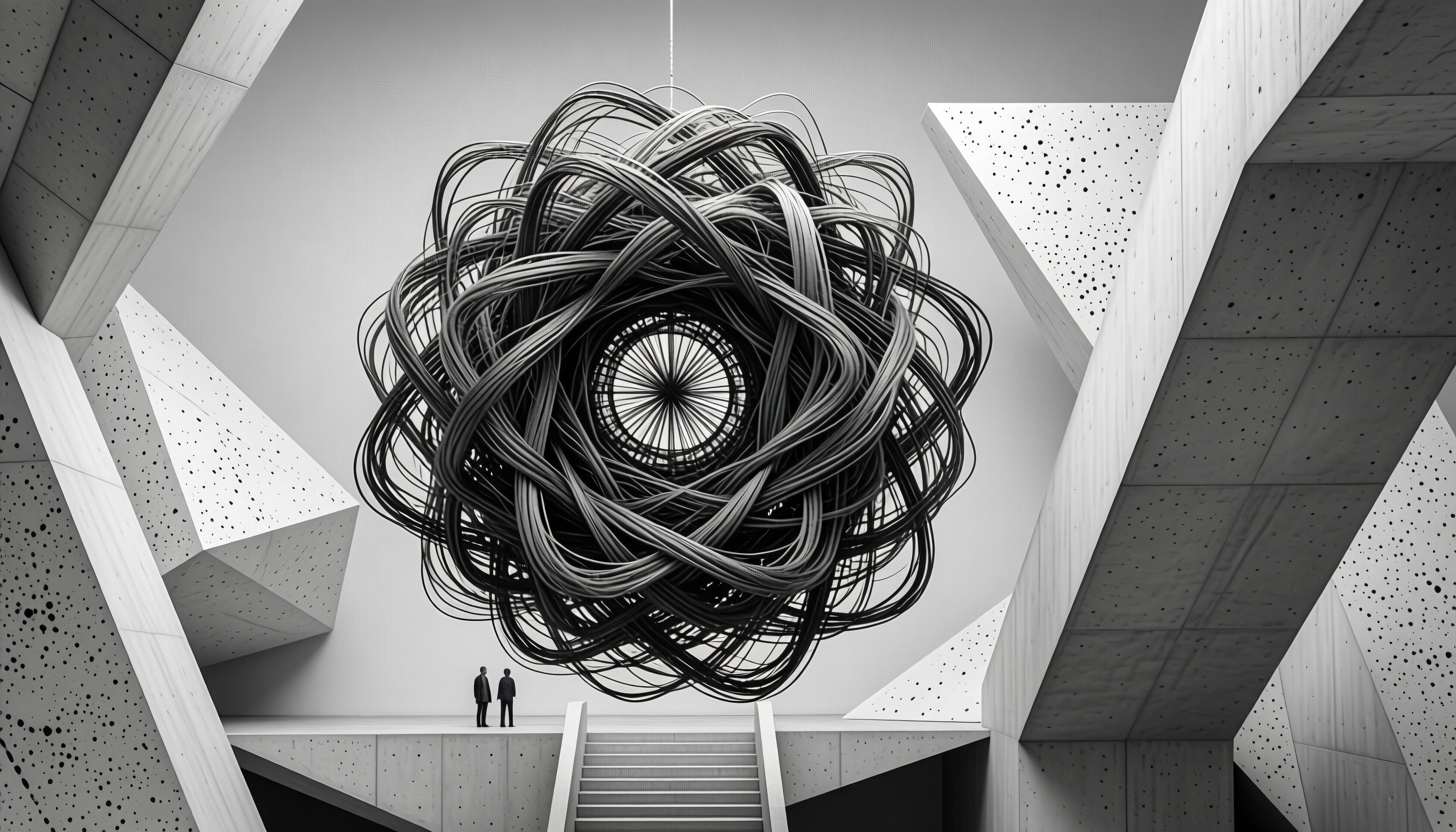 An abstract black spherical sculpture in a modern architectural space.
