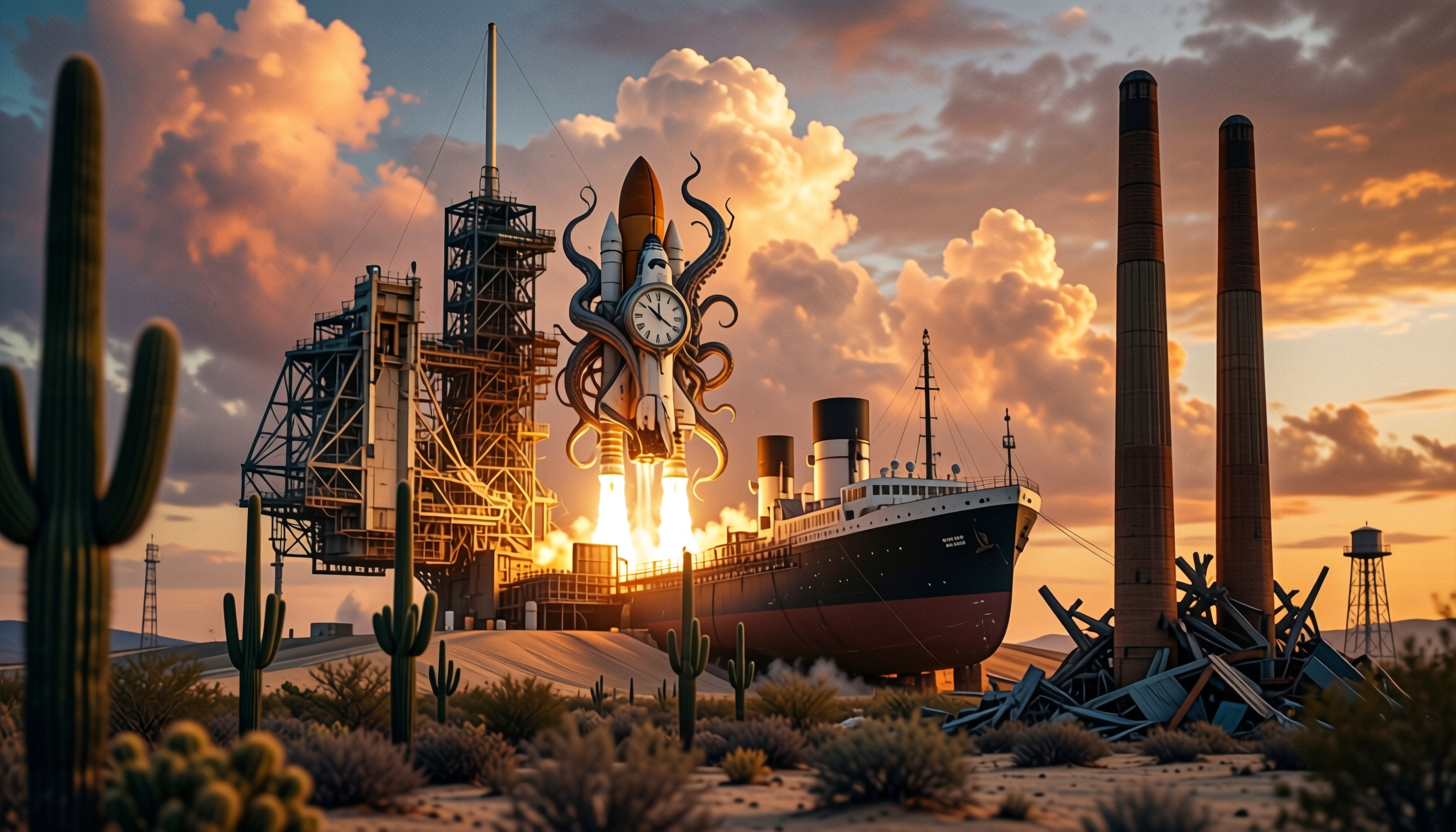 A futuristic spaceship with a clock lifts off amidst a desert backdrop surrounded by cacti and industrial elements at sunset.