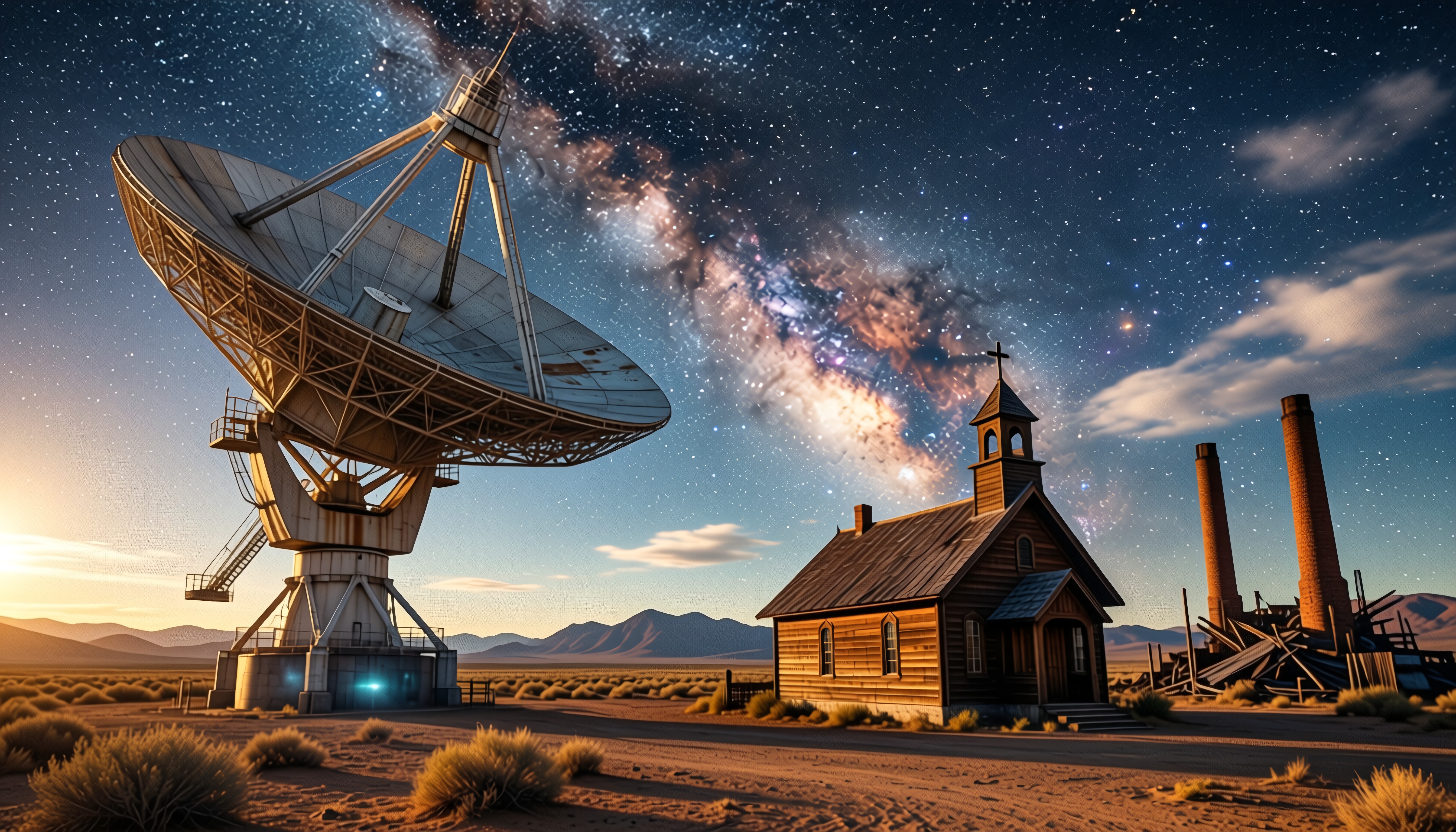 A satellite dish, chapel, and ruins under a starry Milky Way sky in the desert.