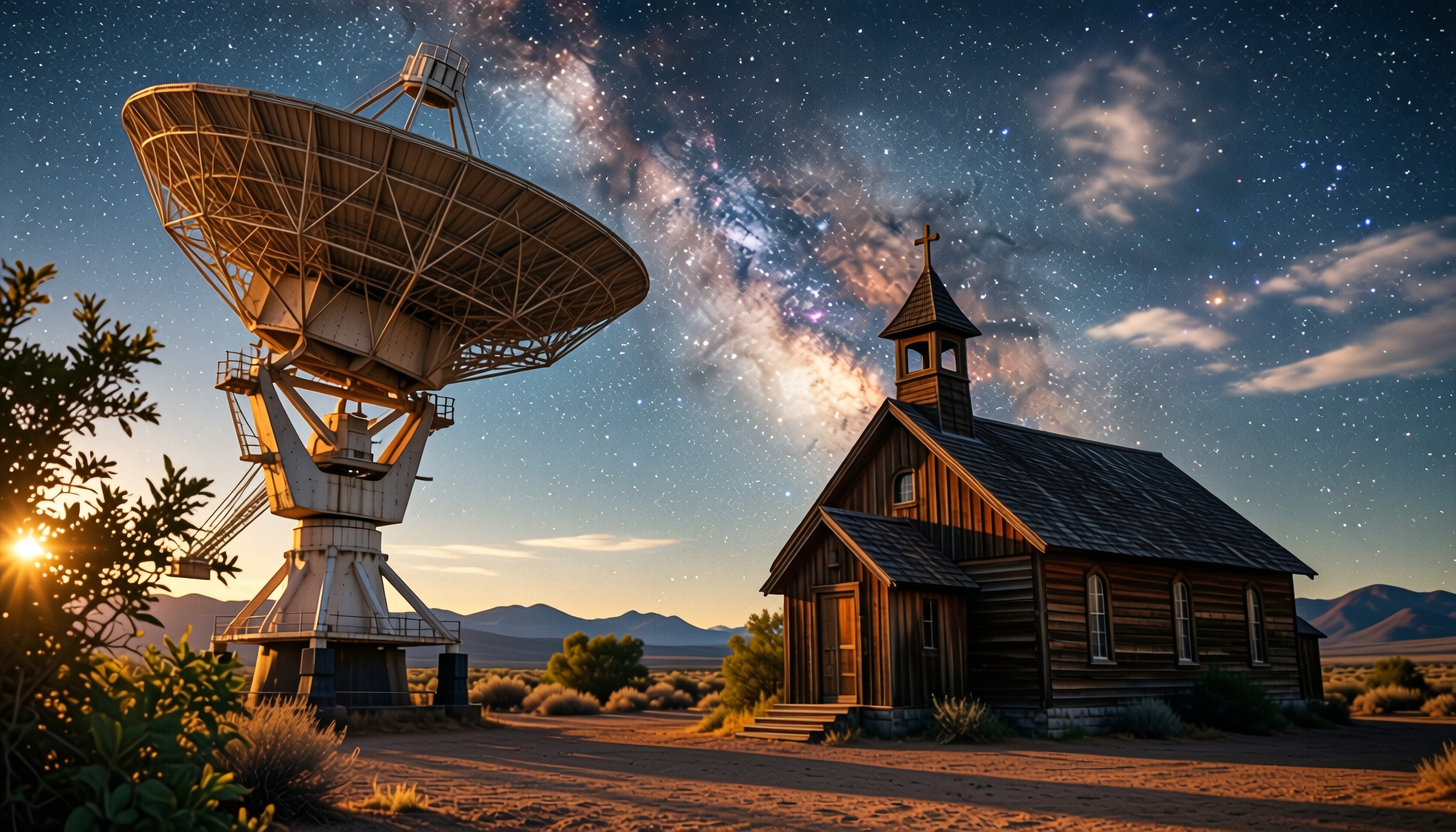 A satellite dish and chapel beneath a starry night sky showing the Milky Way.