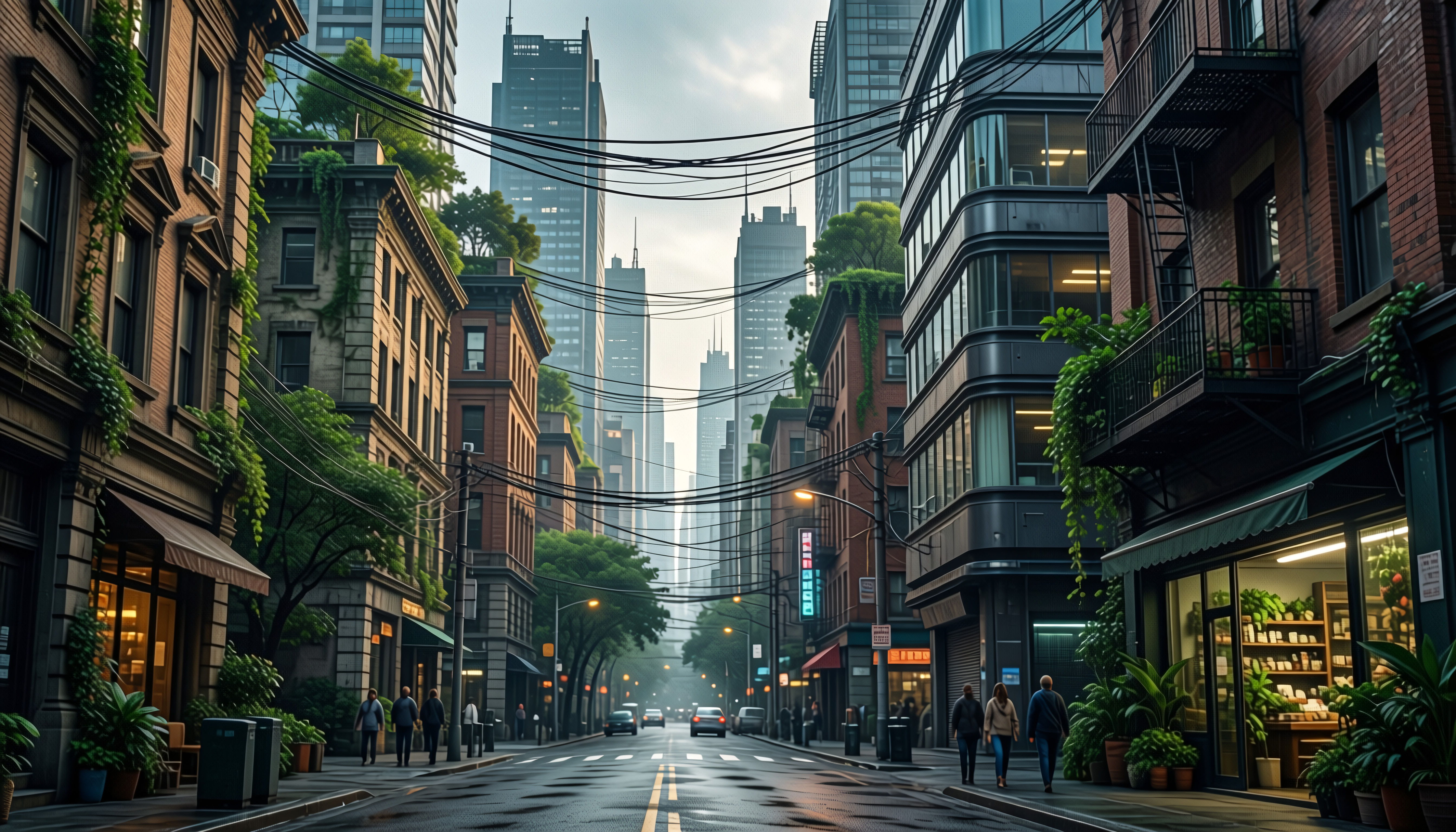 Urban Streetscape: Modern City Architecture with Overhead Wires