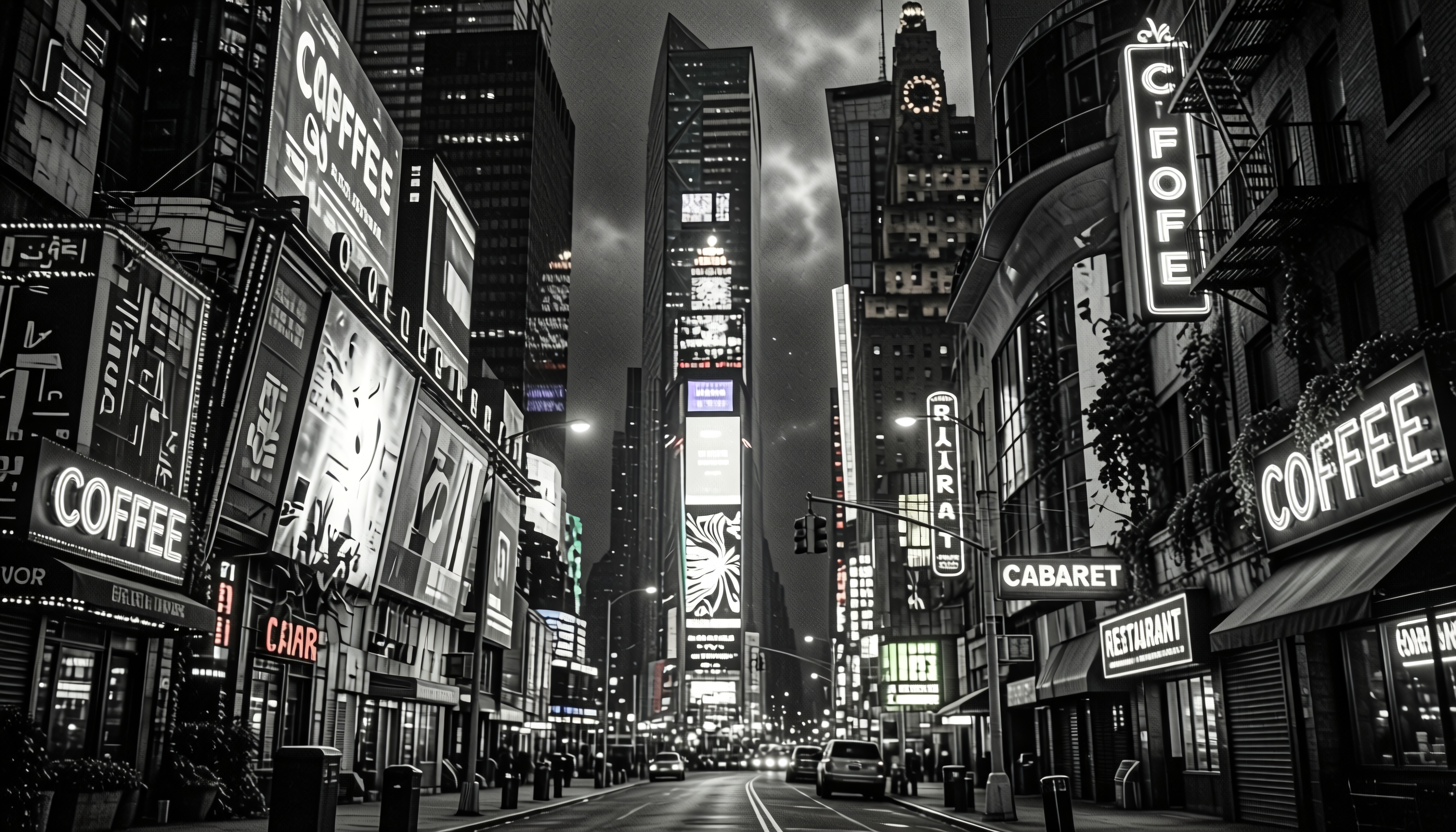 Black and white city street at night with bright illuminated signs.