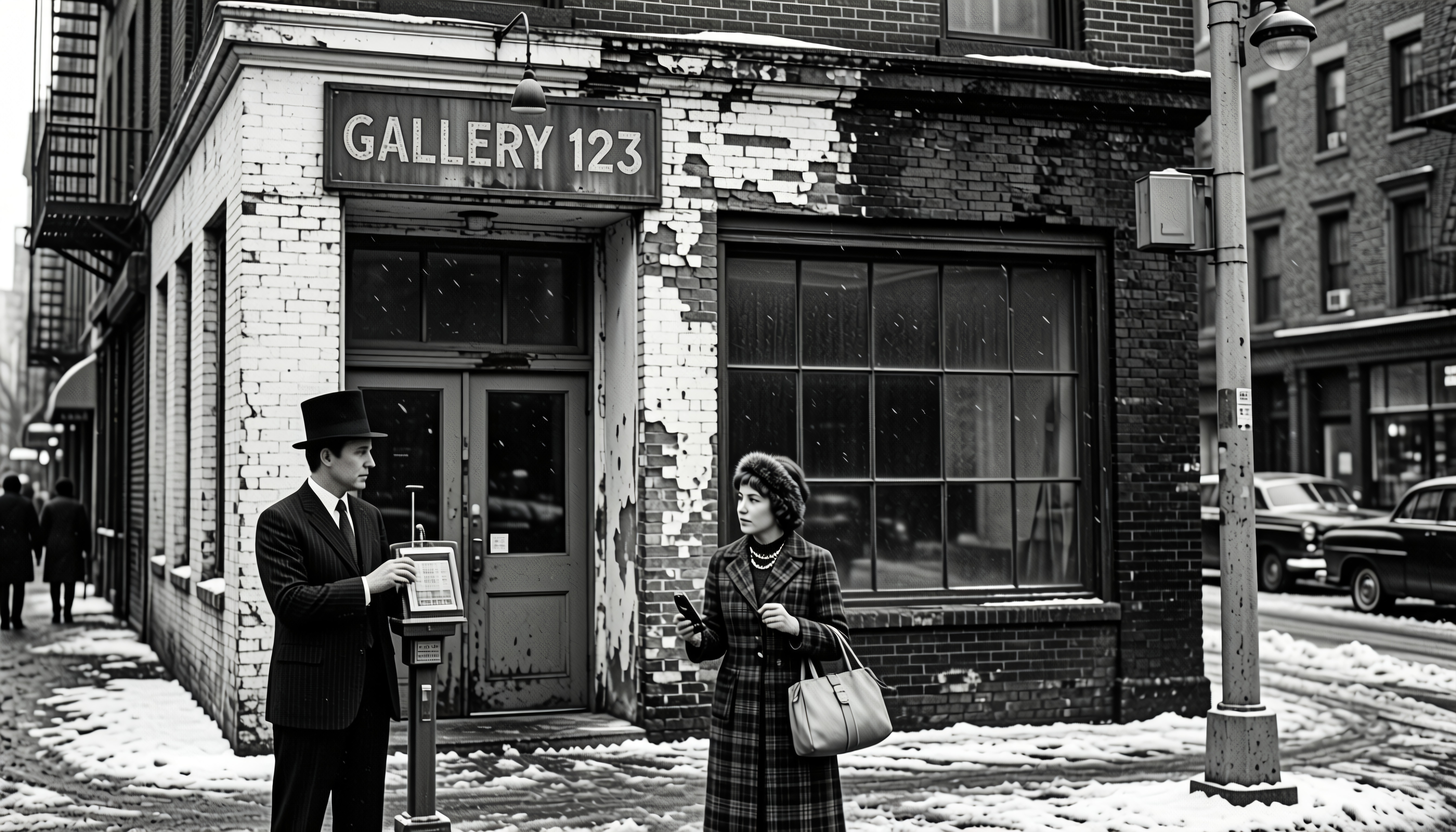 Gallery 123 winter street scene with two people snowfall black and white