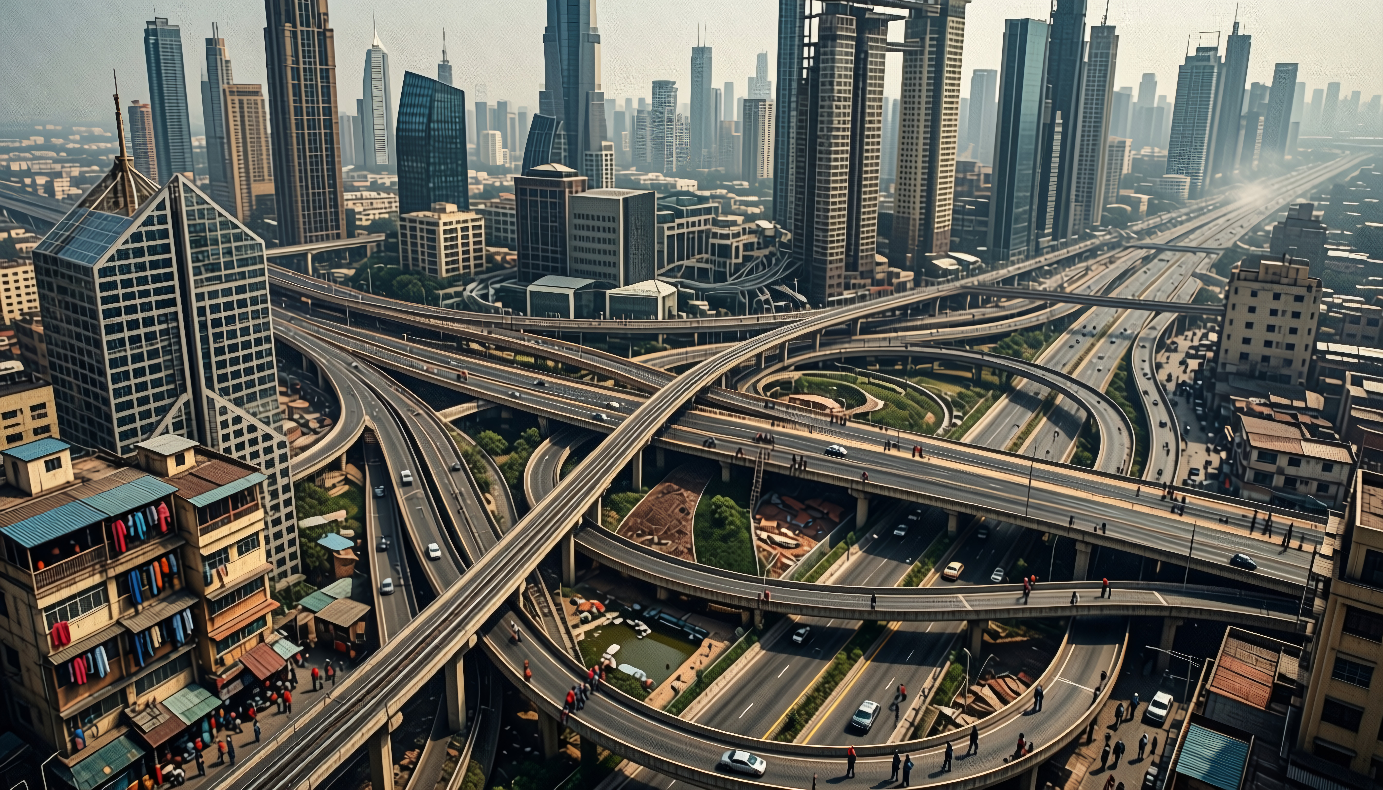 Aerial View of a Modern Urban Interchange and Skyline