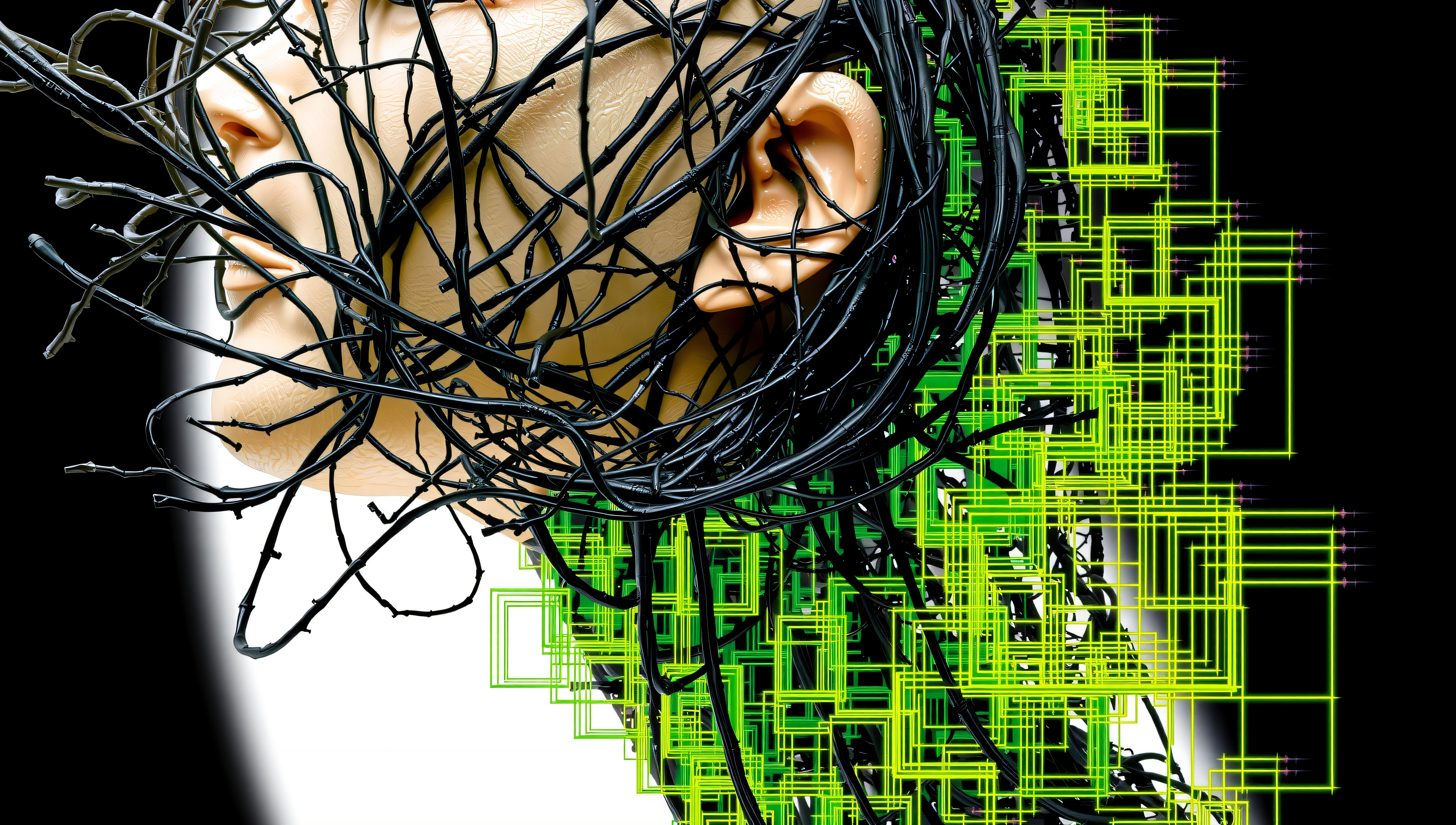Humanoid face entwined with black cables and neon green digital grid, symbolizing cybernetic fusion.