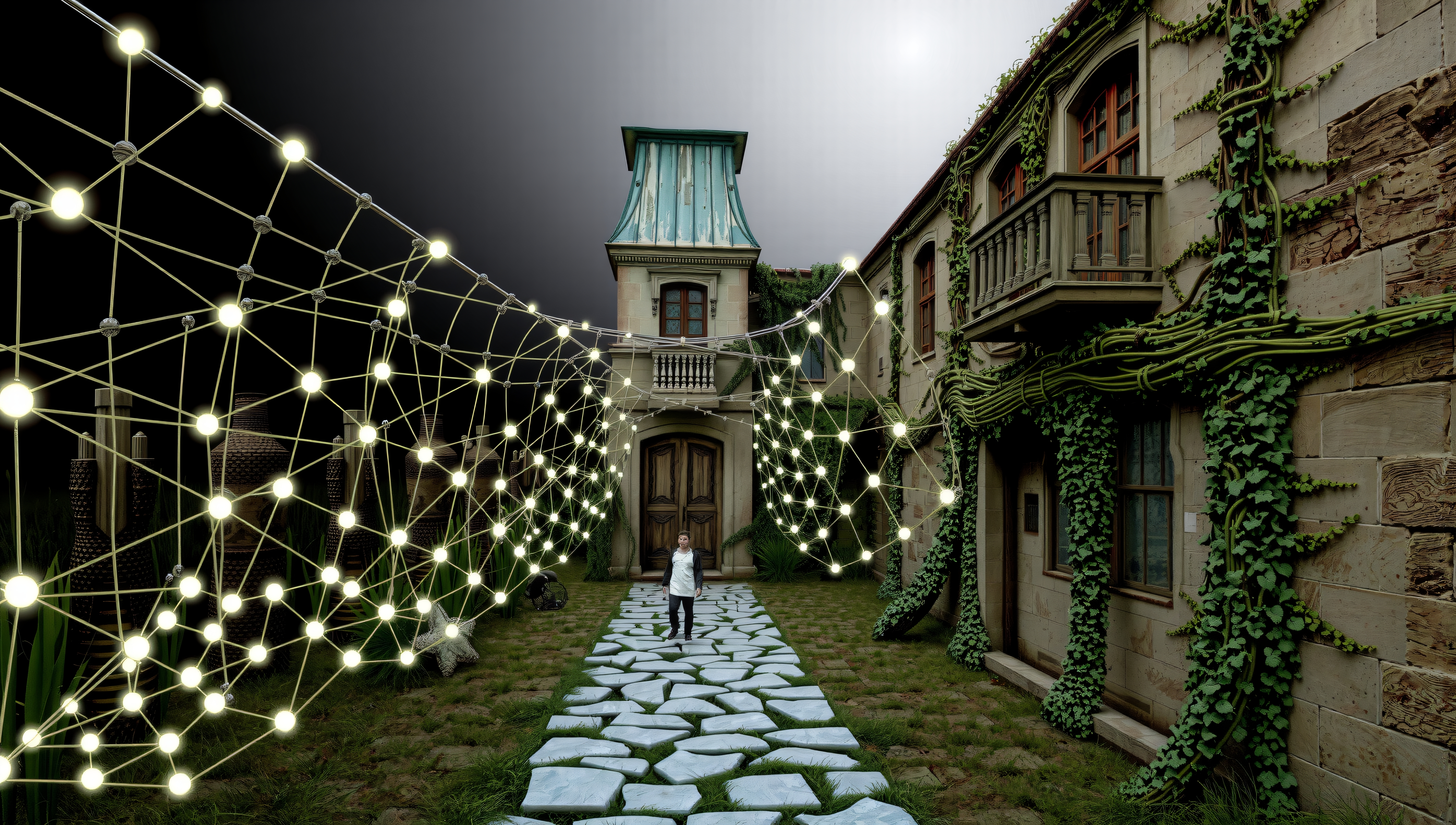 Old mansion with glowing network above.