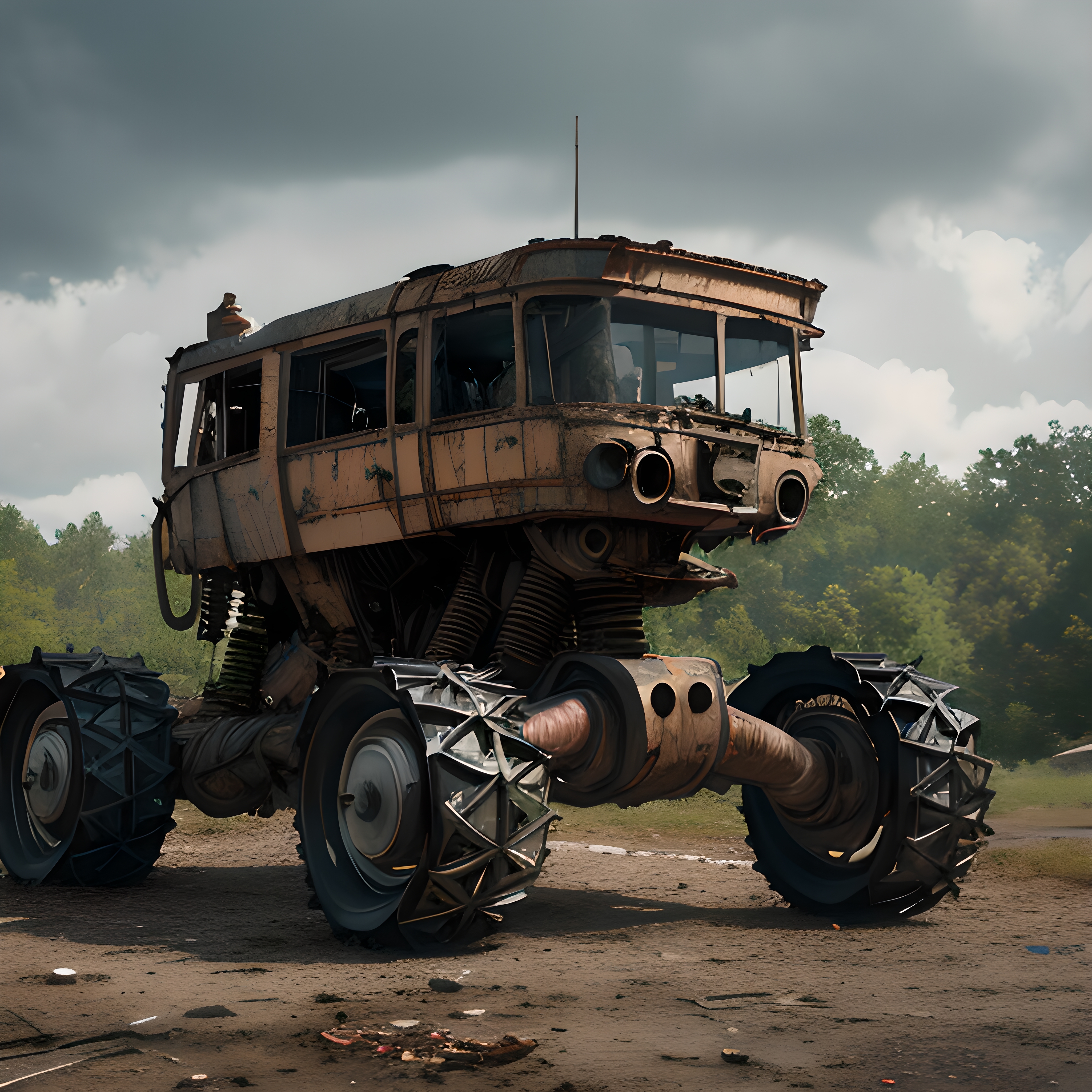 A rusty, futuristic vehicle with large wheels on a rugged terrain under cloudy skies.