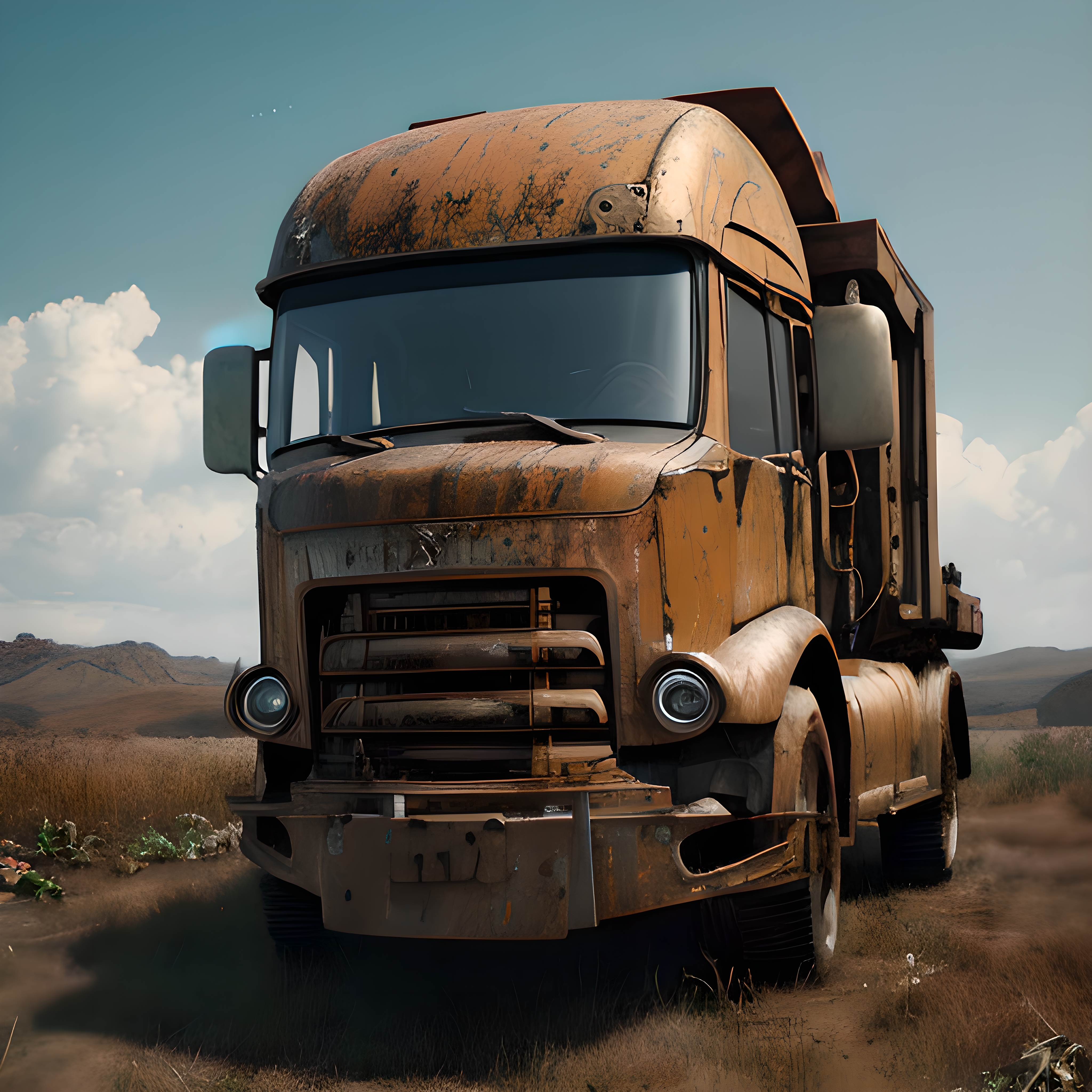 Vintage rusted truck in an expansive landscape under a clear blue sky.