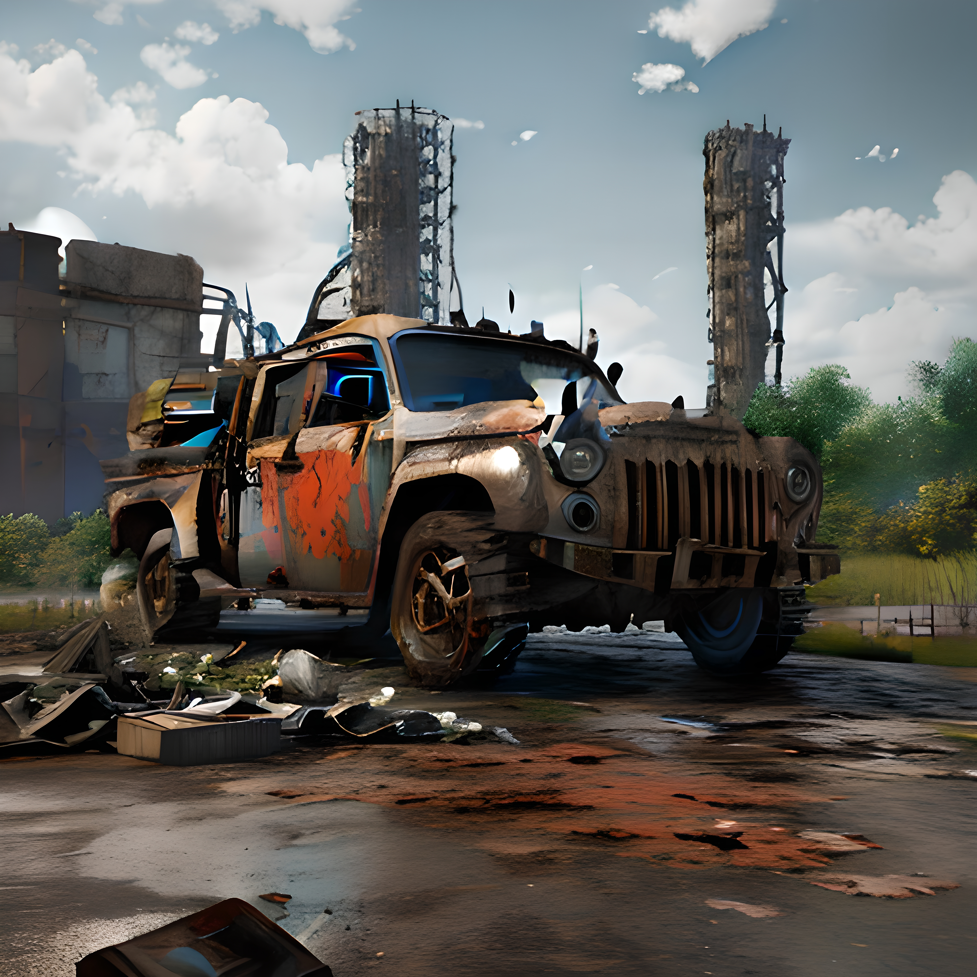 Rusted abandoned vehicle in post-apocalyptic ruins with destroyed buildings and nature reclamation, depicting desolation and decay.