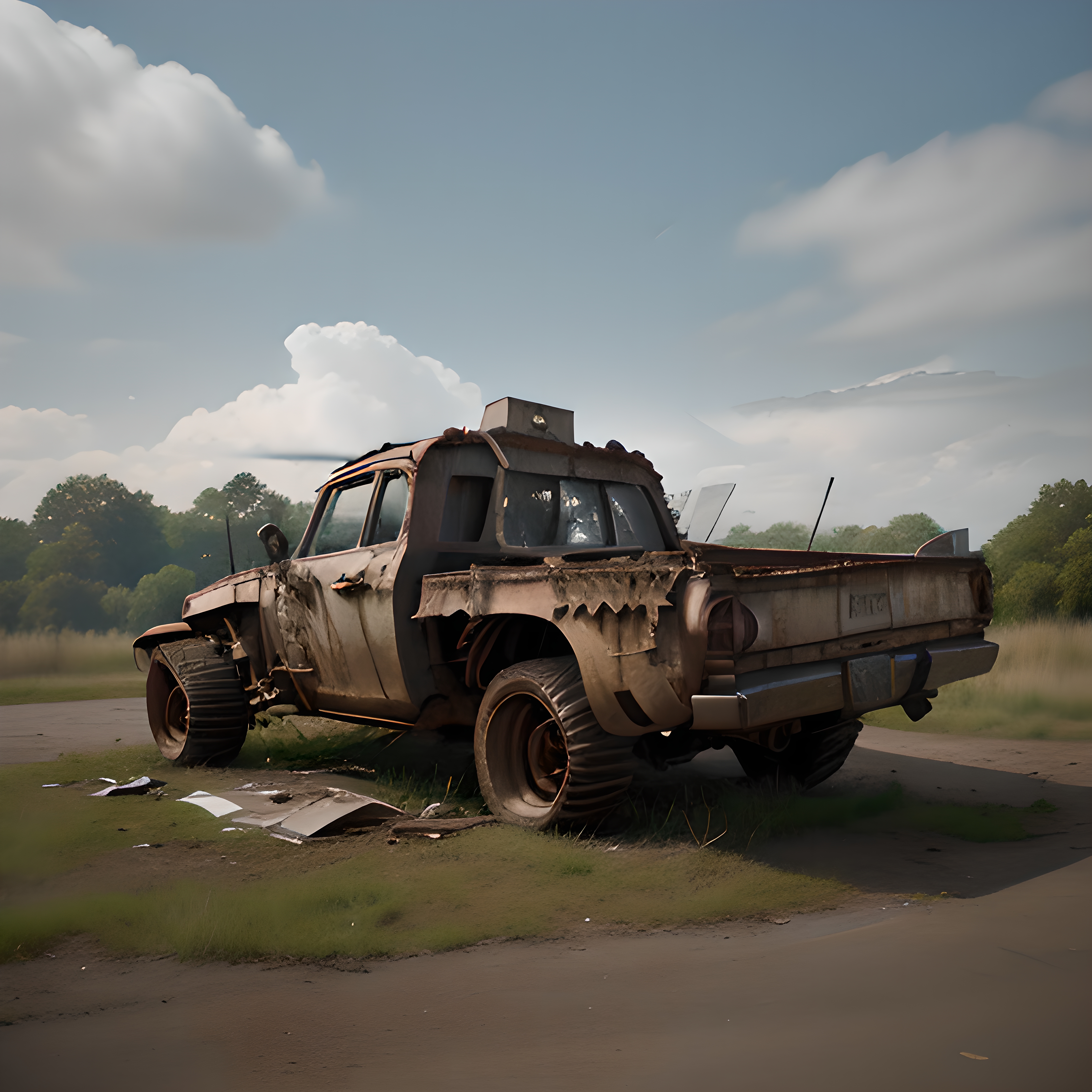 Abandoned Vintage Pickup Truck in Rural Setting Under Cloudy Sky