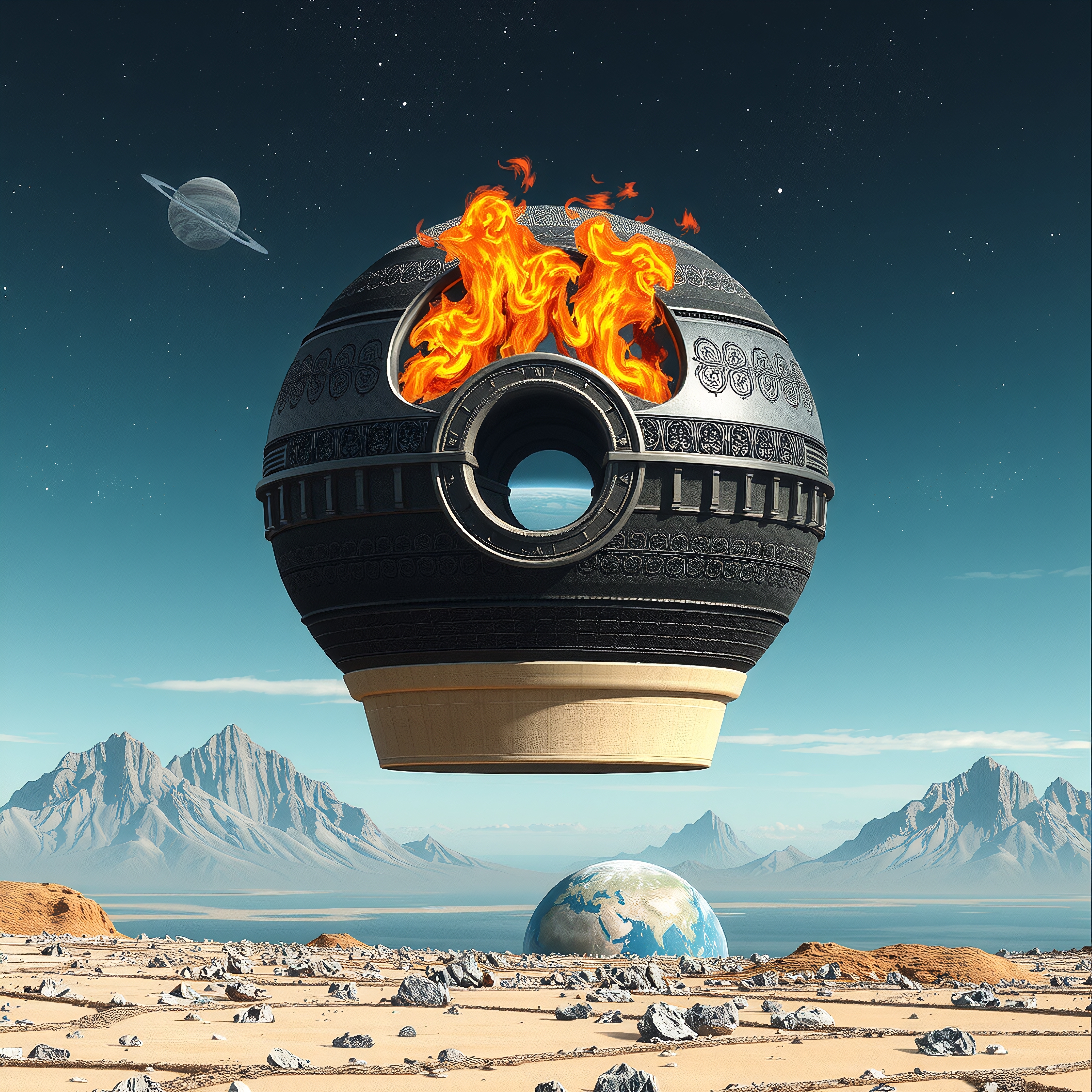 Floating sphere with flames in an alien landscape with mountains and planets in the vast sky.