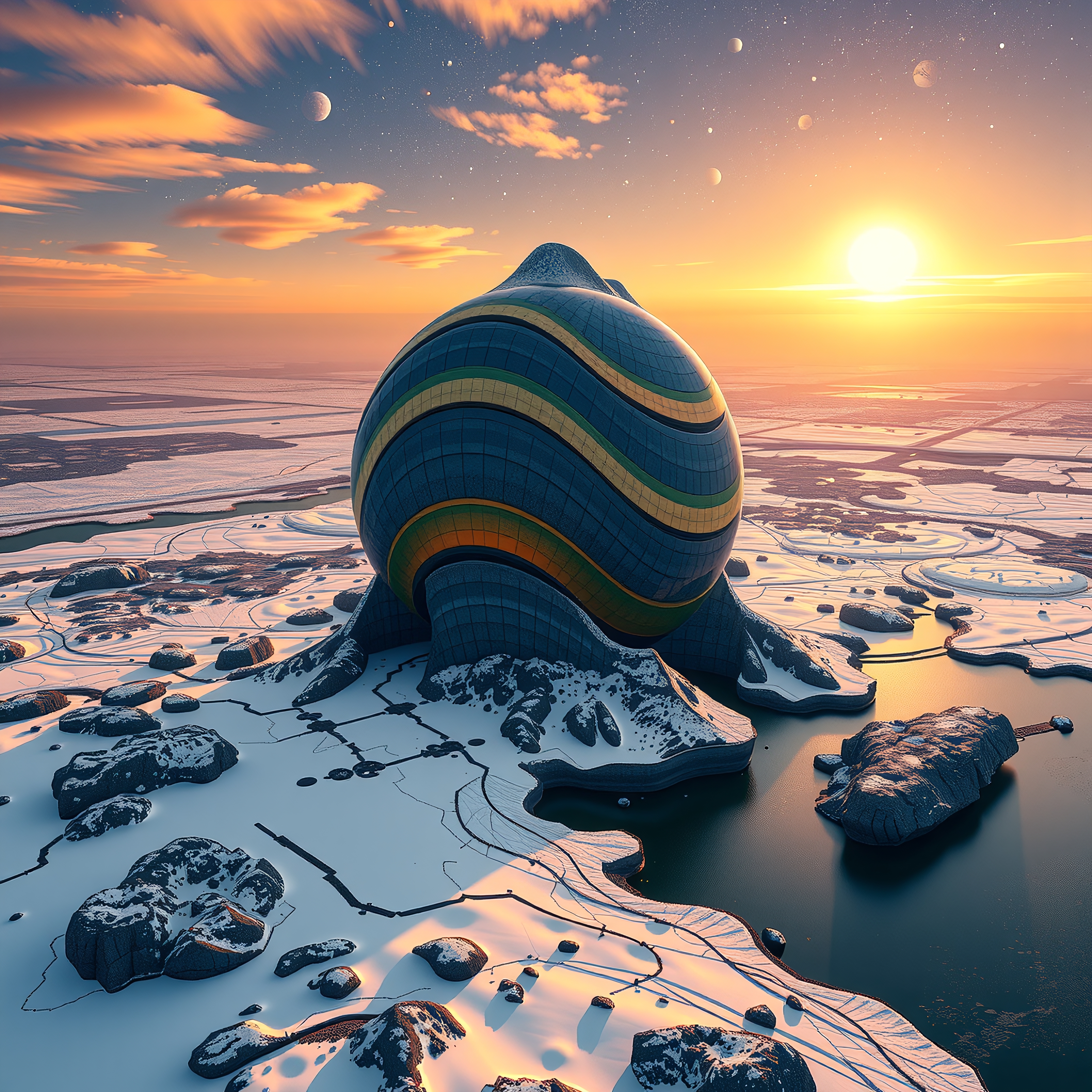 Futuristic building in snowy landscape at sunset with visible planets.